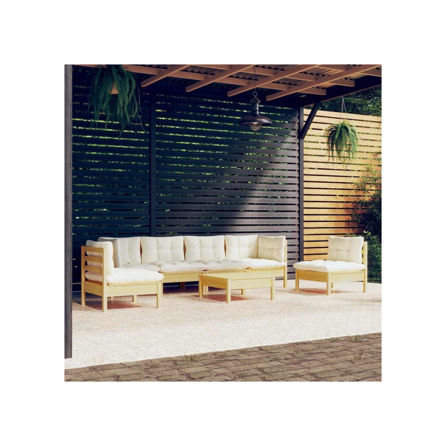 Salon de jardin 7 pcs avec coussins crème bois de pin massif