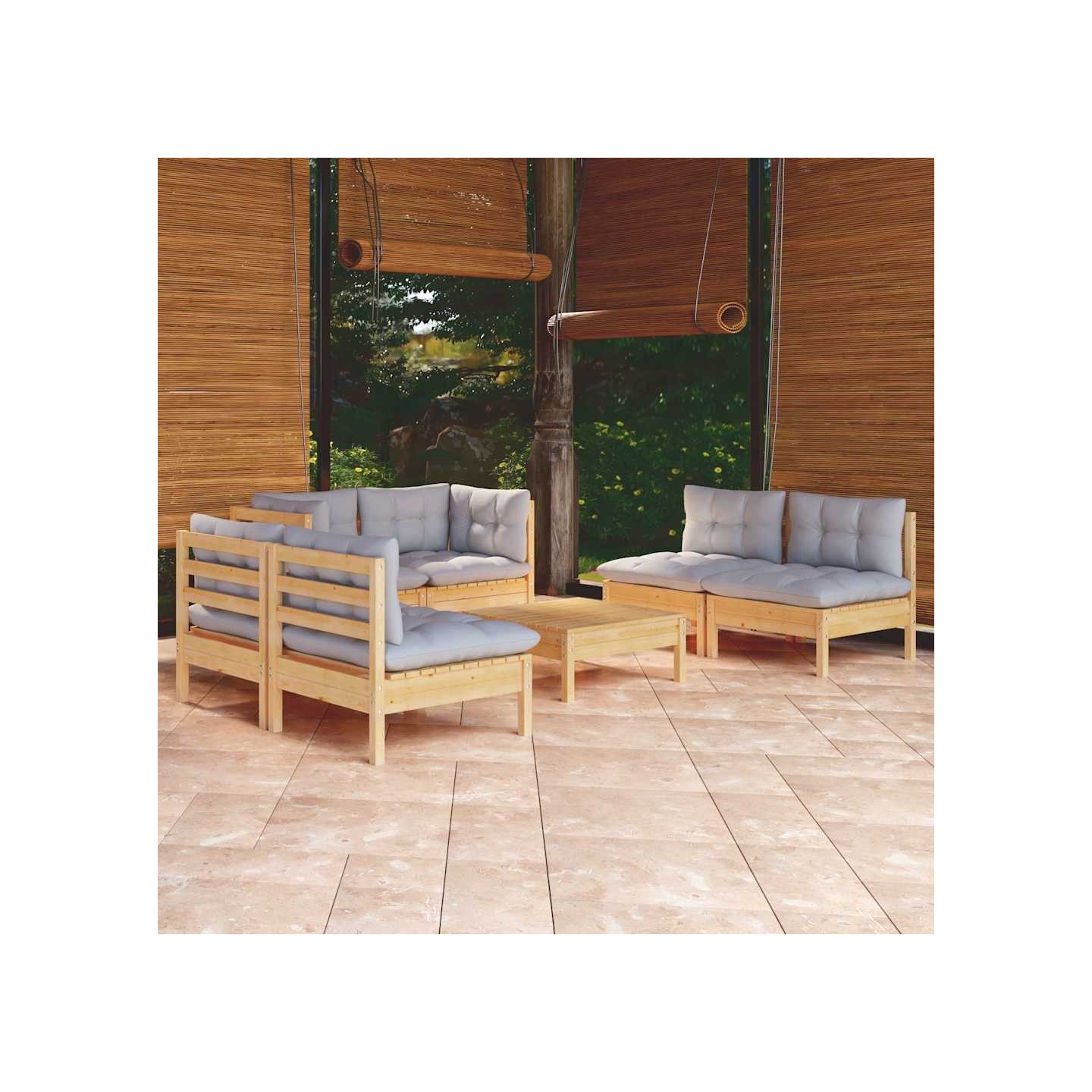 Salon de jardin 7 pcs avec coussins gris bois de pin massif