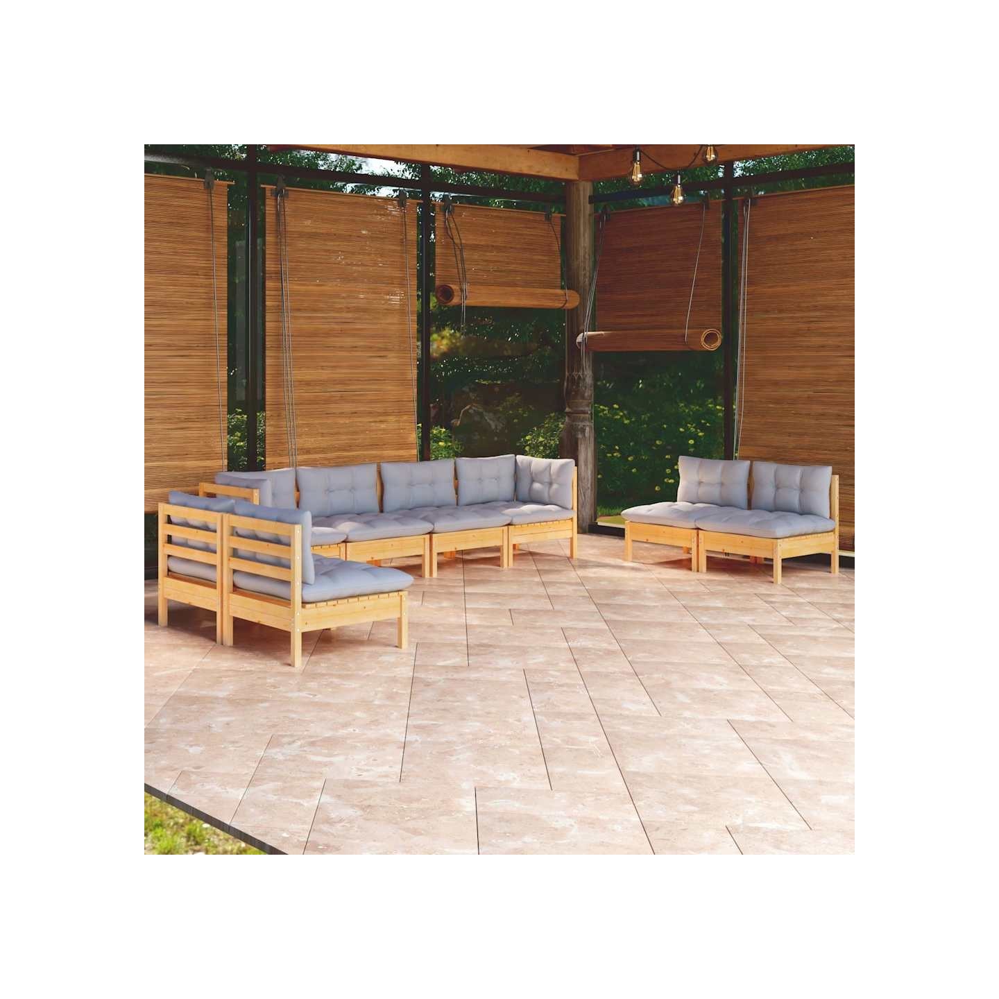 Salon de jardin 8 pcs avec coussins gris Bois de pin massif