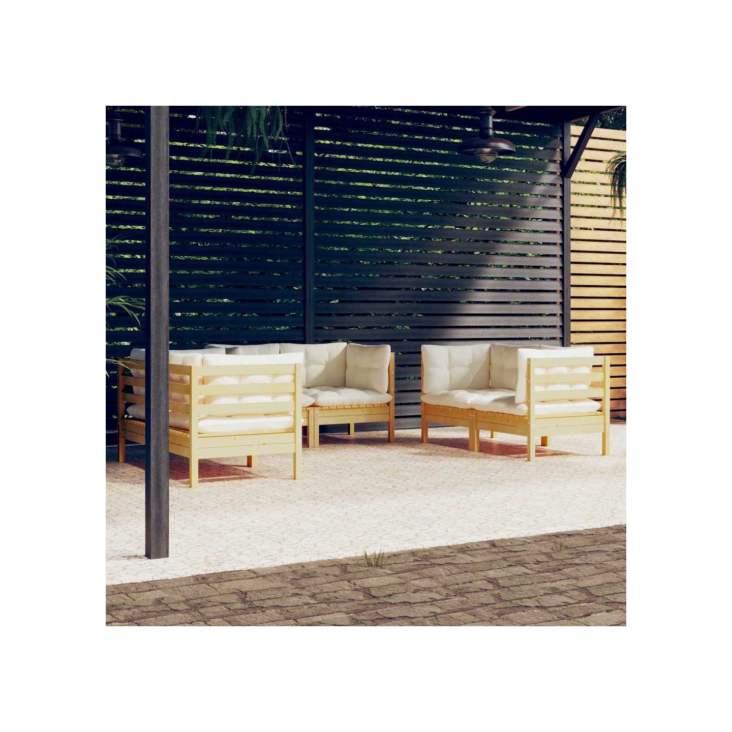 Salon de jardin 6 pcs avec coussins crème Bois de pin massif