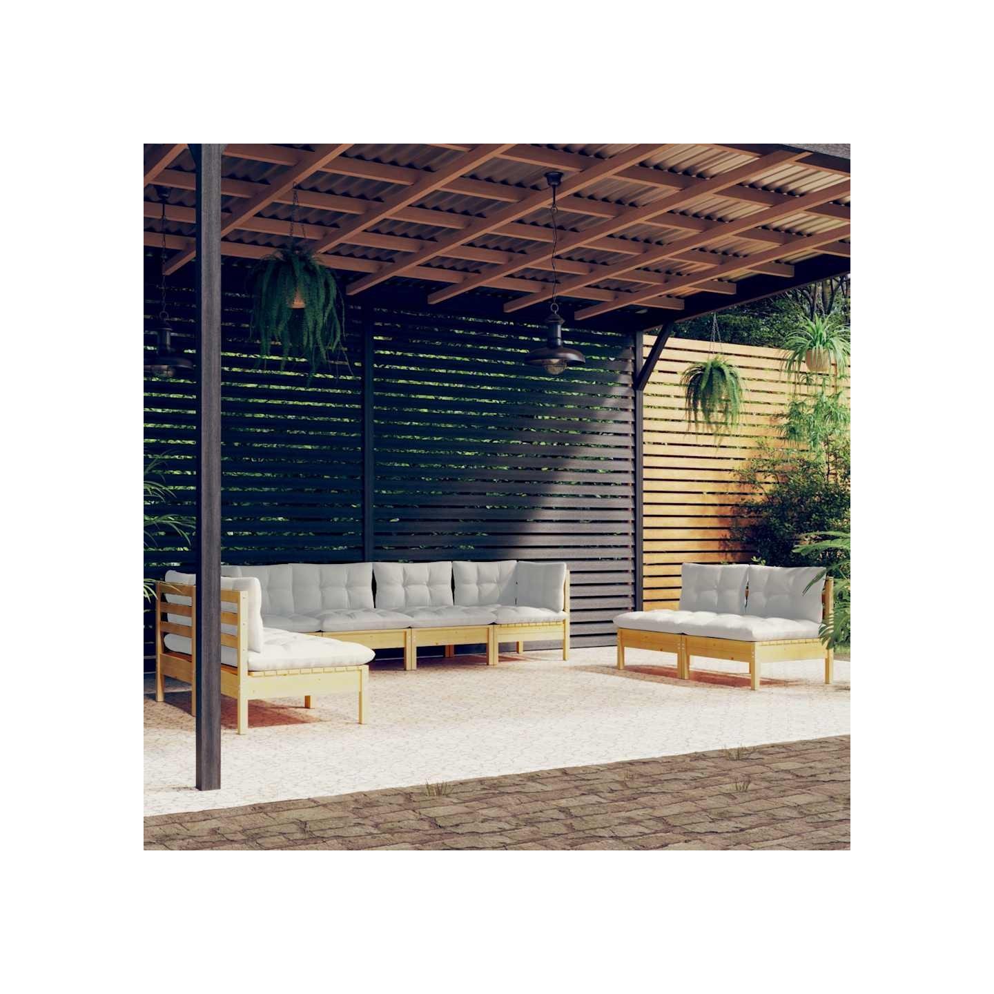 Salon de jardin 8 pcs avec coussins crème Bois de pin massif