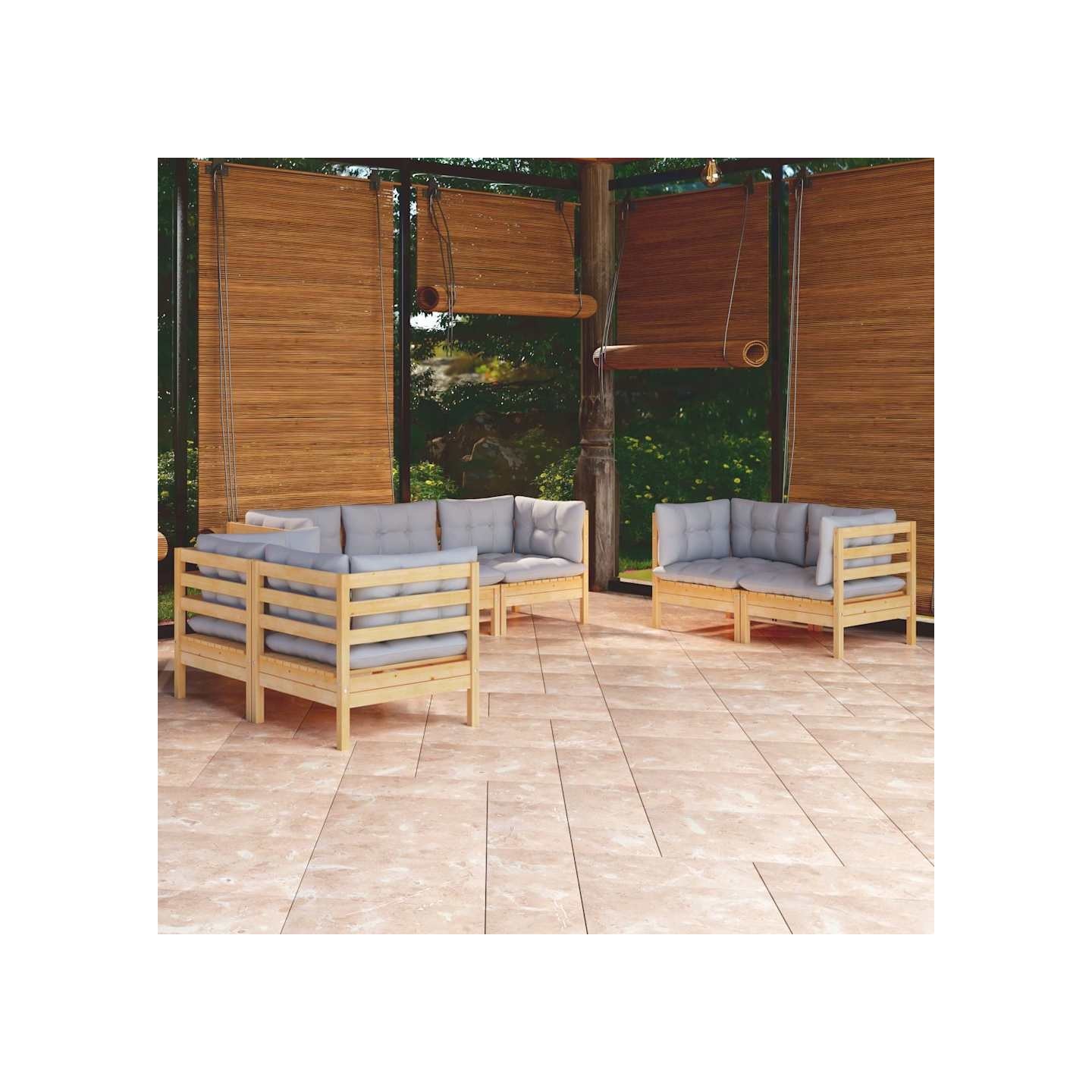 Salon de jardin 7 pcs avec coussins gris bois de pin massif