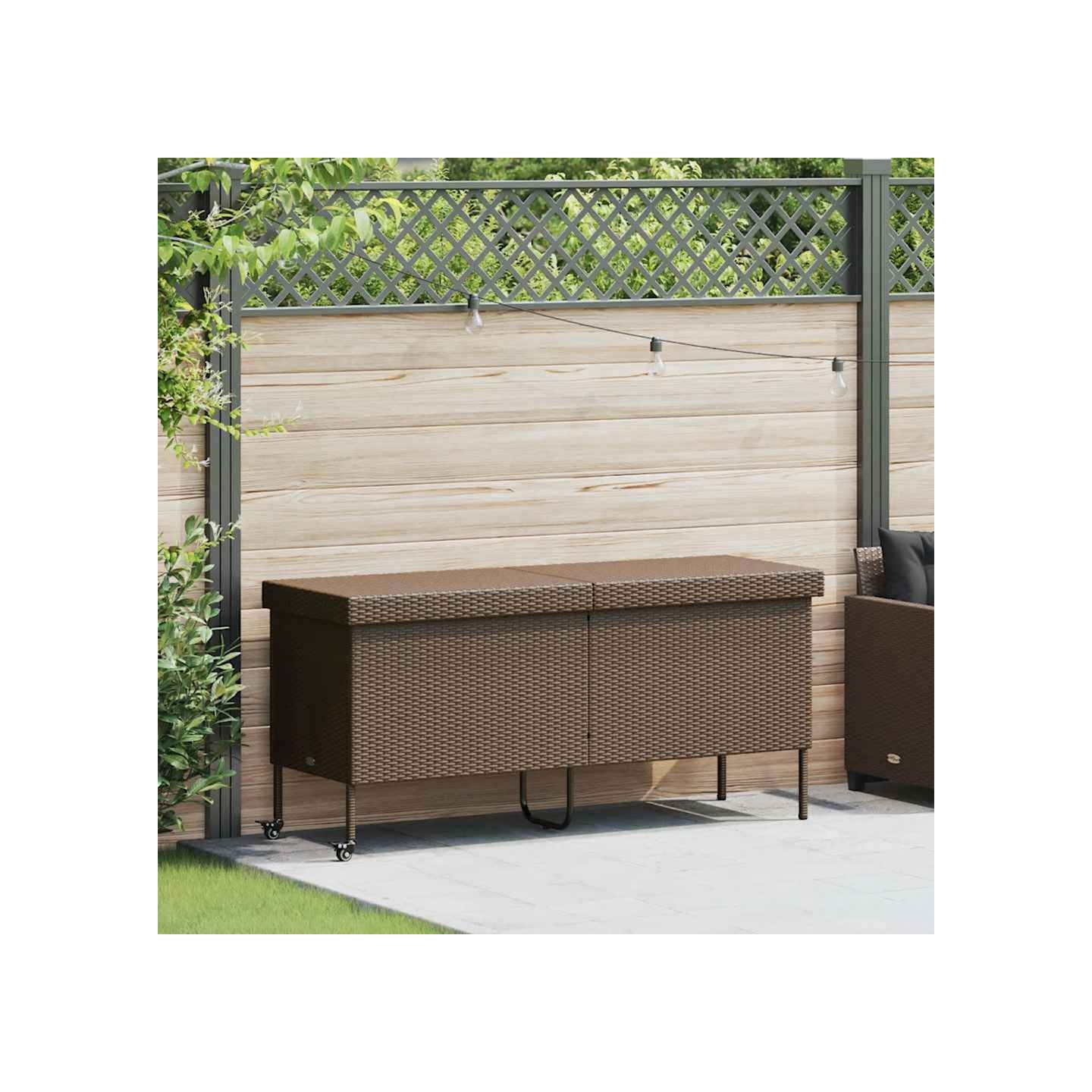 Boîte rangement jardin roues marron 160x55x75 cm résine tressée