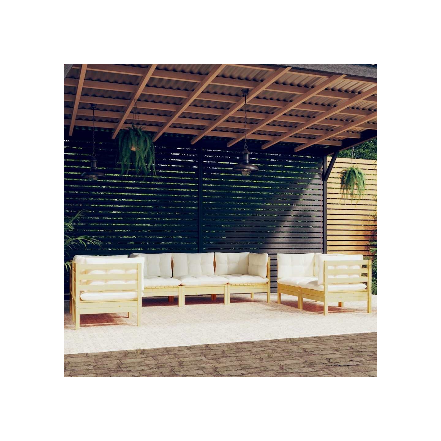 Salon de jardin 7 pcs avec coussins crème bois de pin massif