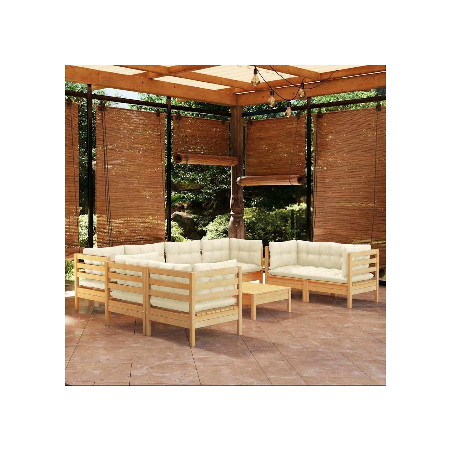 Salon de jardin 9 pcs avec coussins crème bois de pin massif
