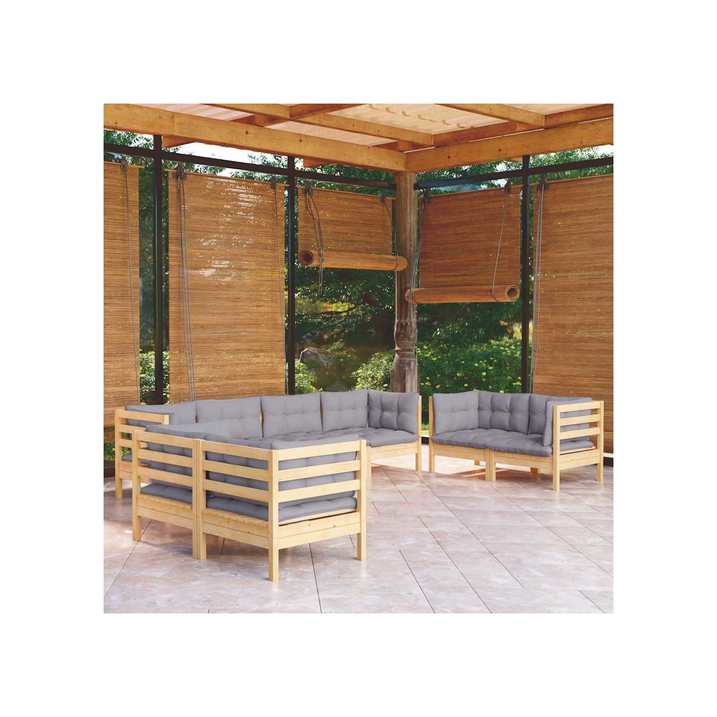 Salon de jardin 8 pcs avec coussins gris Bois de pin massif