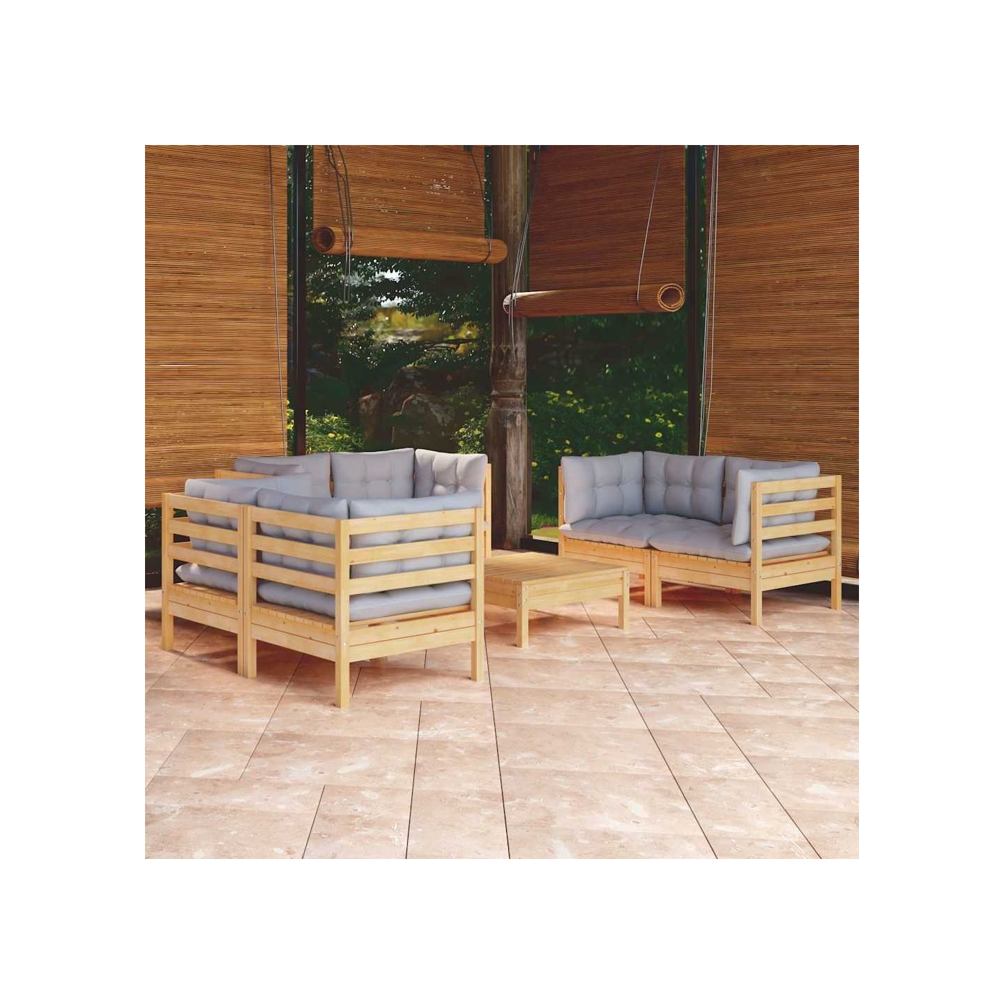 Salon de jardin 7 pcs avec coussins gris bois de pin massif