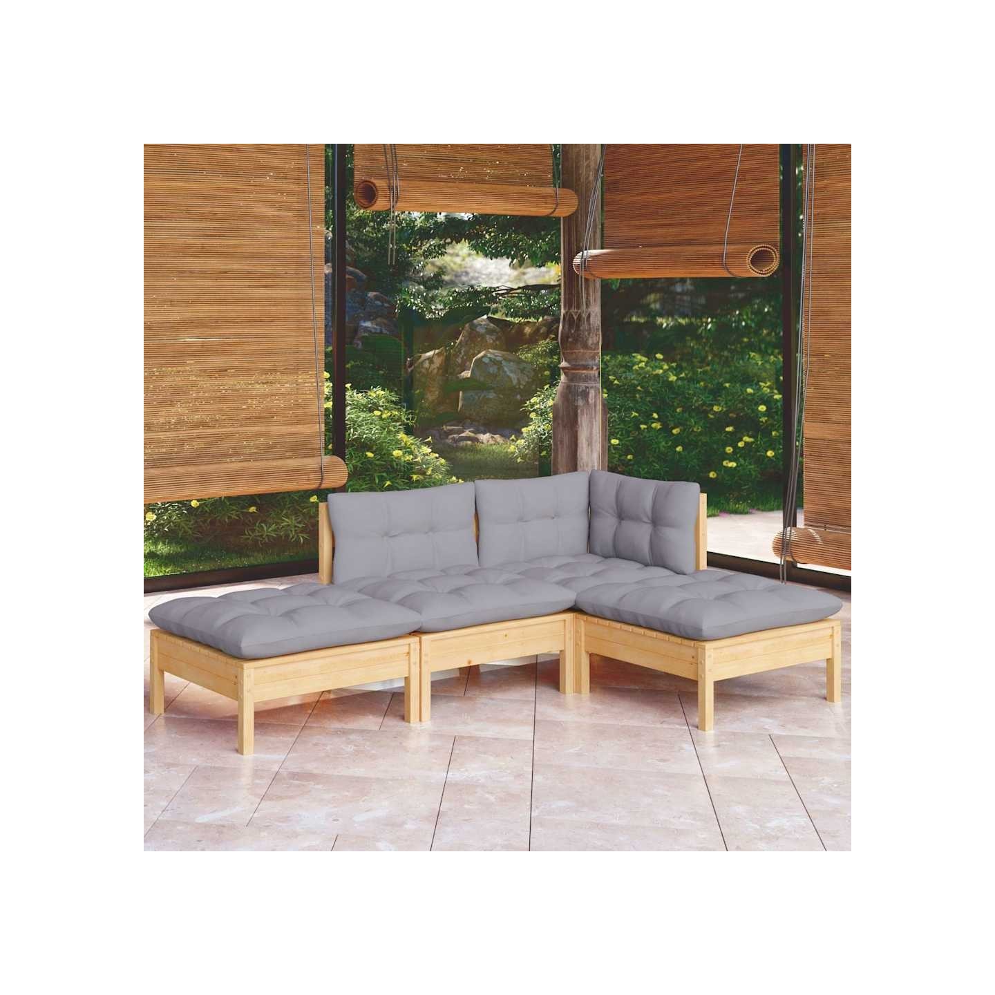 Salon de jardin 4 pcs avec coussins gris Bois de pin massif