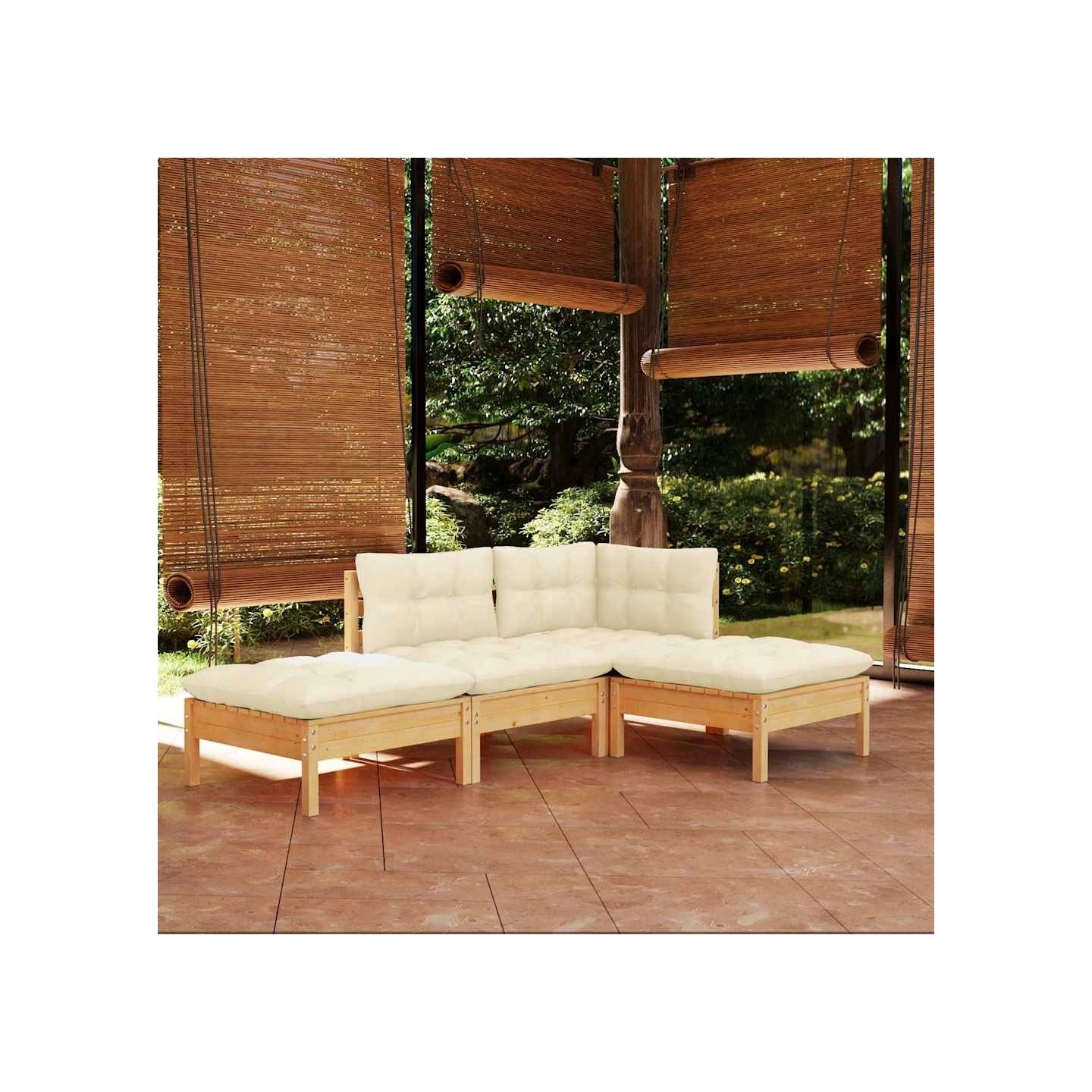 Salon de jardin 4 pcs avec coussins crème Bois de pin massif
