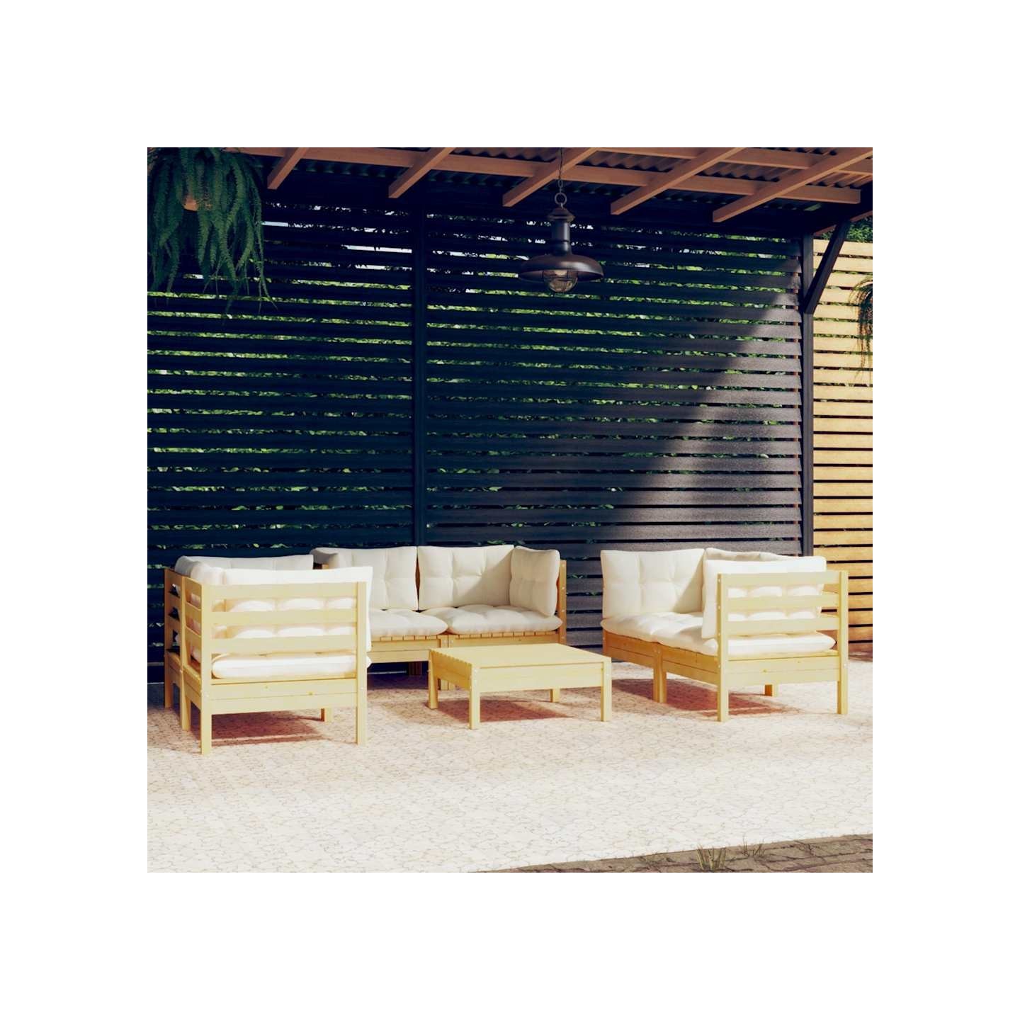 Salon de jardin 7 pcs avec coussins crème bois de pin massif