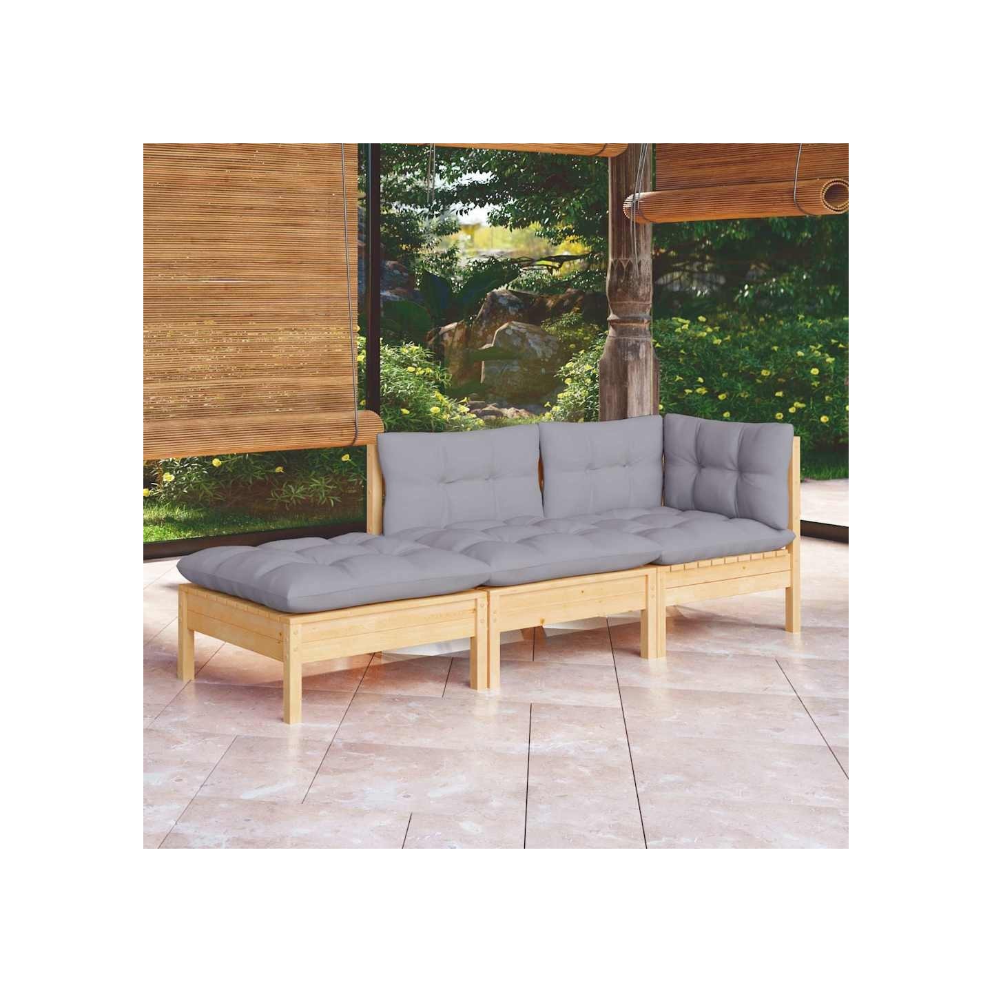 Salon de jardin 3 pcs avec coussins gris Bois de pin massif