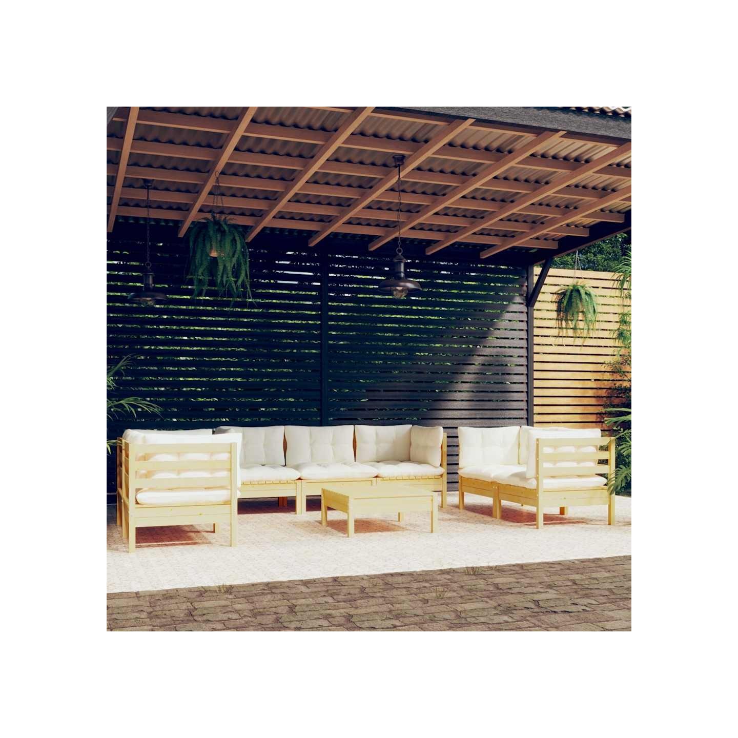 Salon de jardin 8 pcs avec coussins crème Bois de pin massif