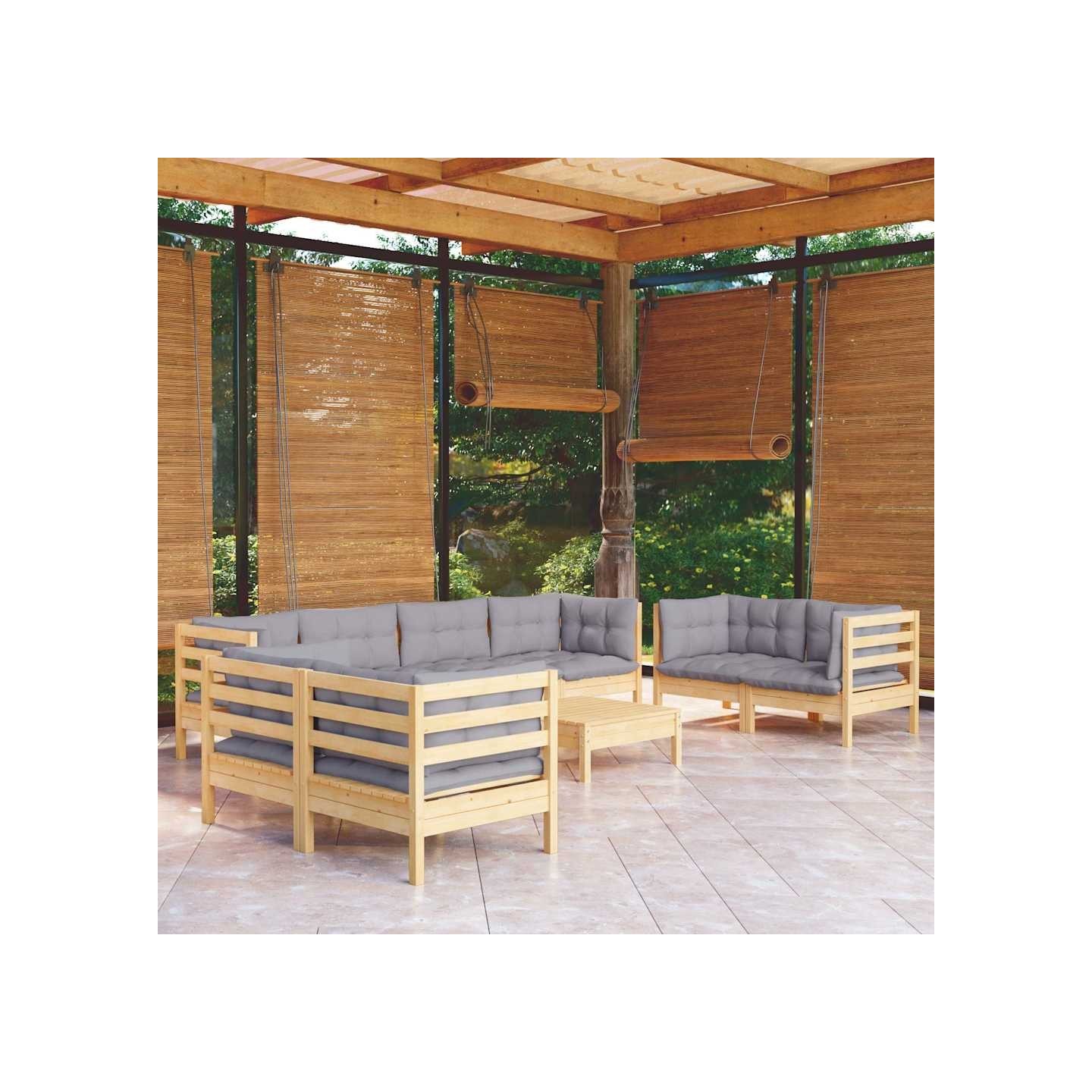 Salon de jardin 9 pcs avec coussins gris bois de pin massif