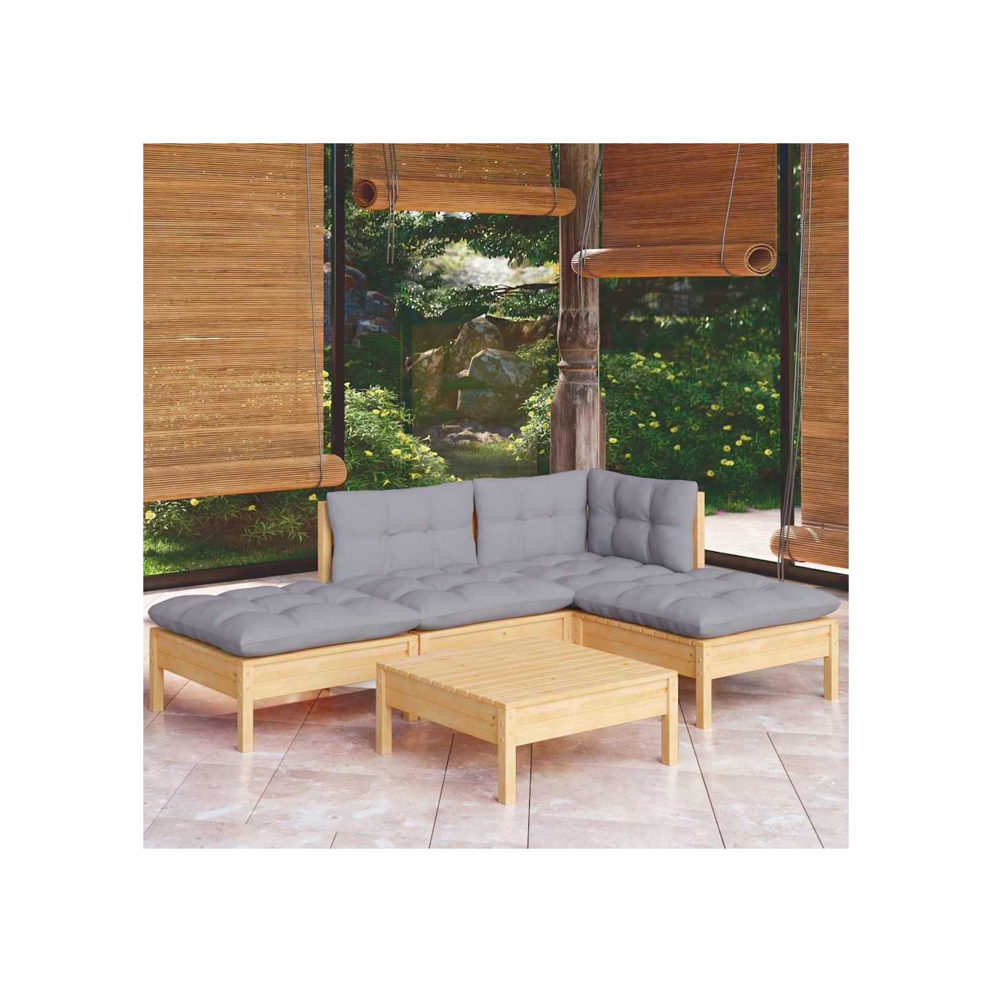 Salon de jardin 5 pcs avec coussins gris bois de pin