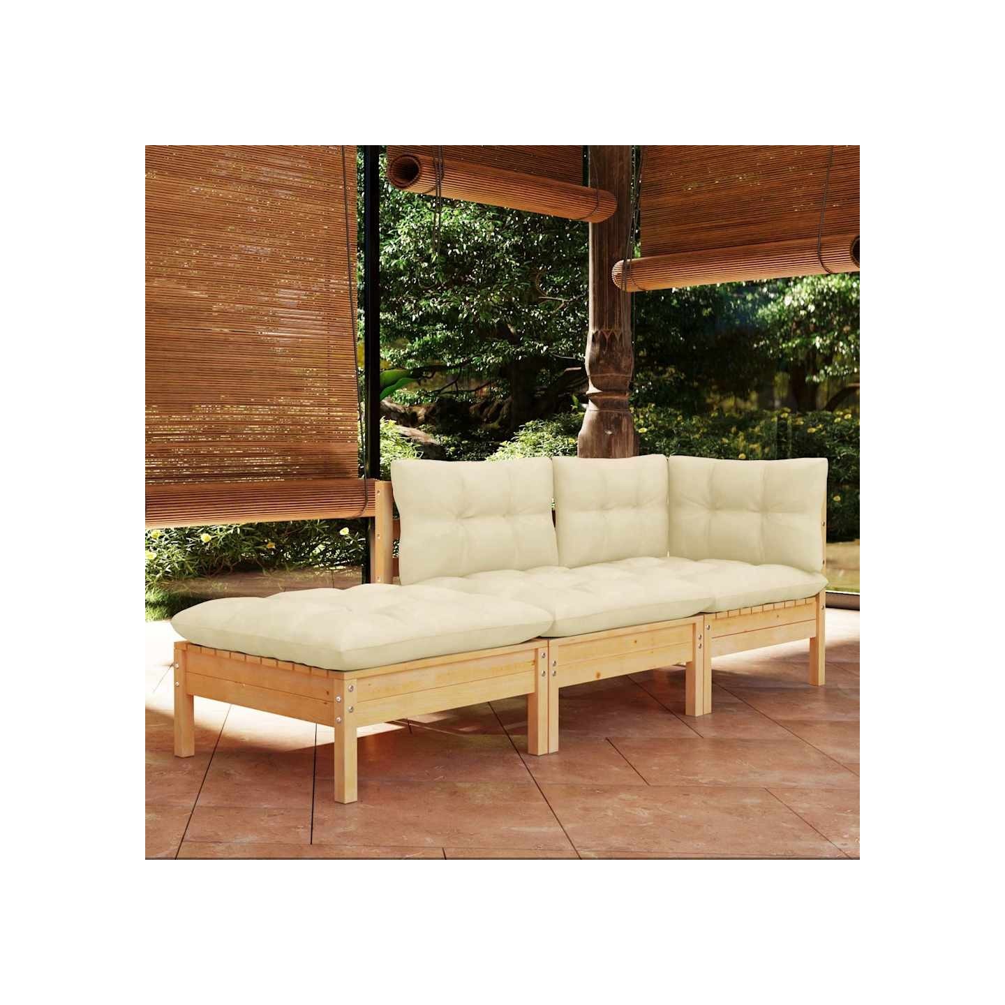 Salon de jardin 3 pcs avec coussins crème Bois de pin massif