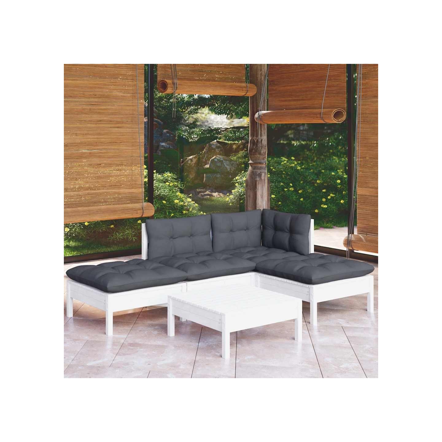 Salon de jardin 5 pcs avec coussins blanc bois de pin