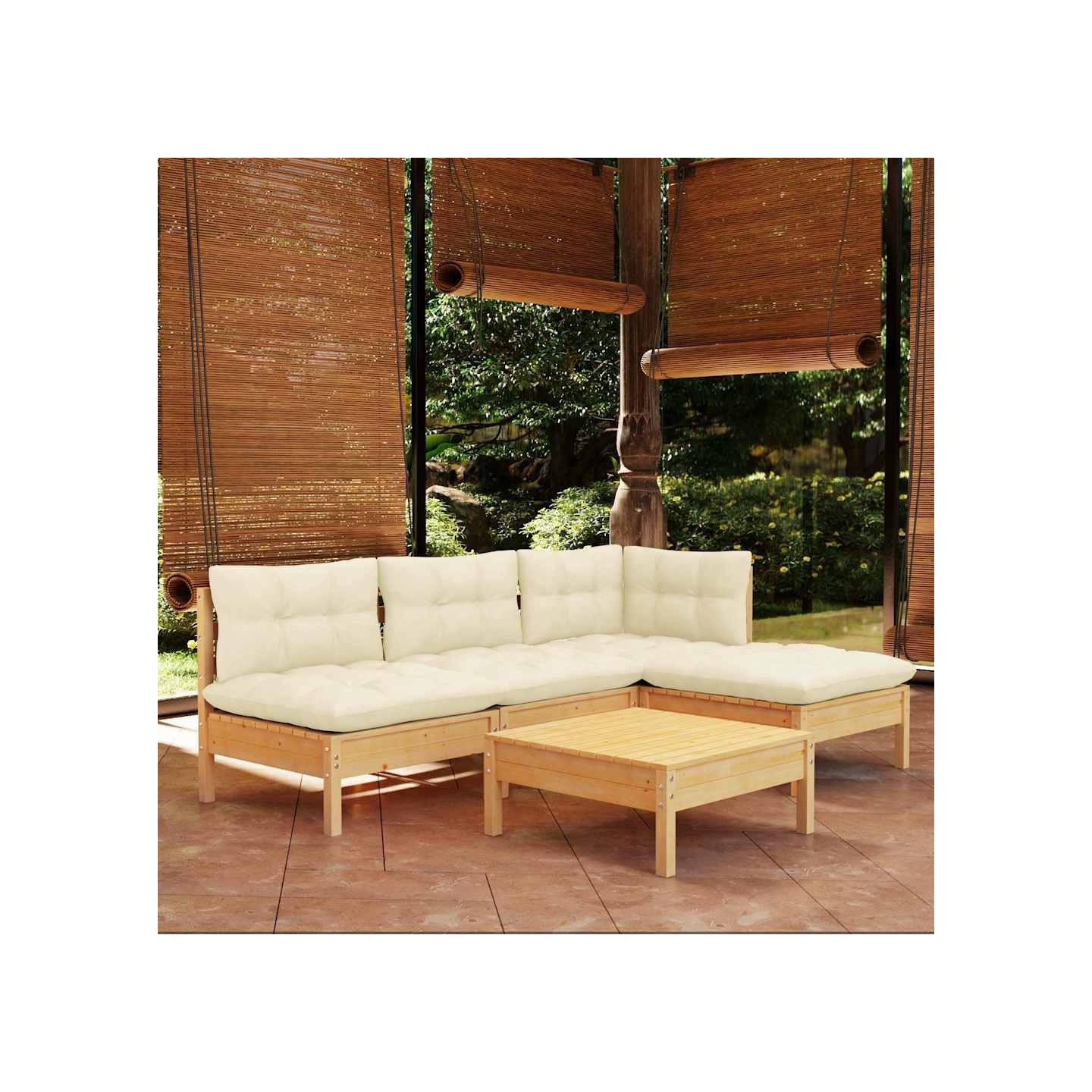 Salon de jardin 5 pcs avec coussins crème bois de pin