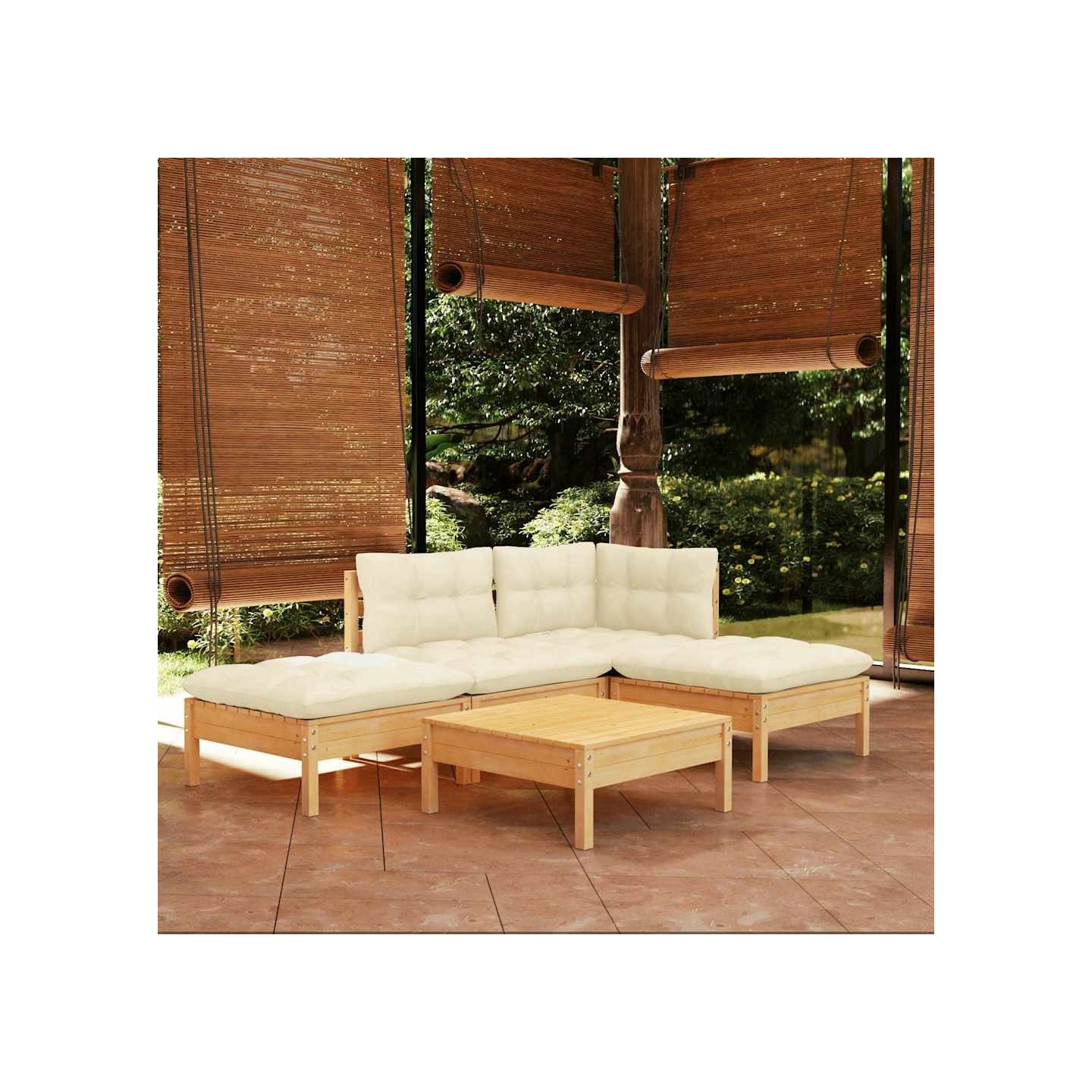 Salon de jardin 5 pcs avec coussins crème bois de pin