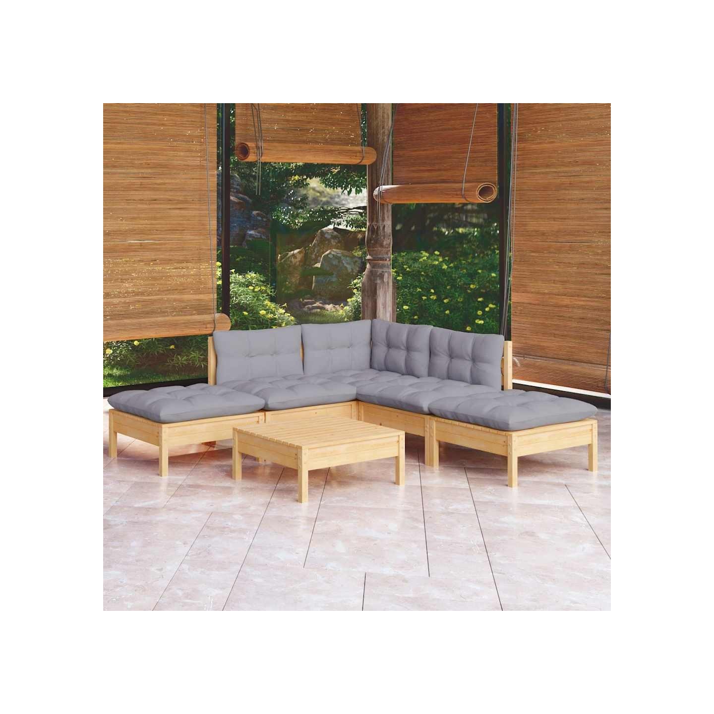 Salon de jardin 6 pcs avec coussins gris bois de pin