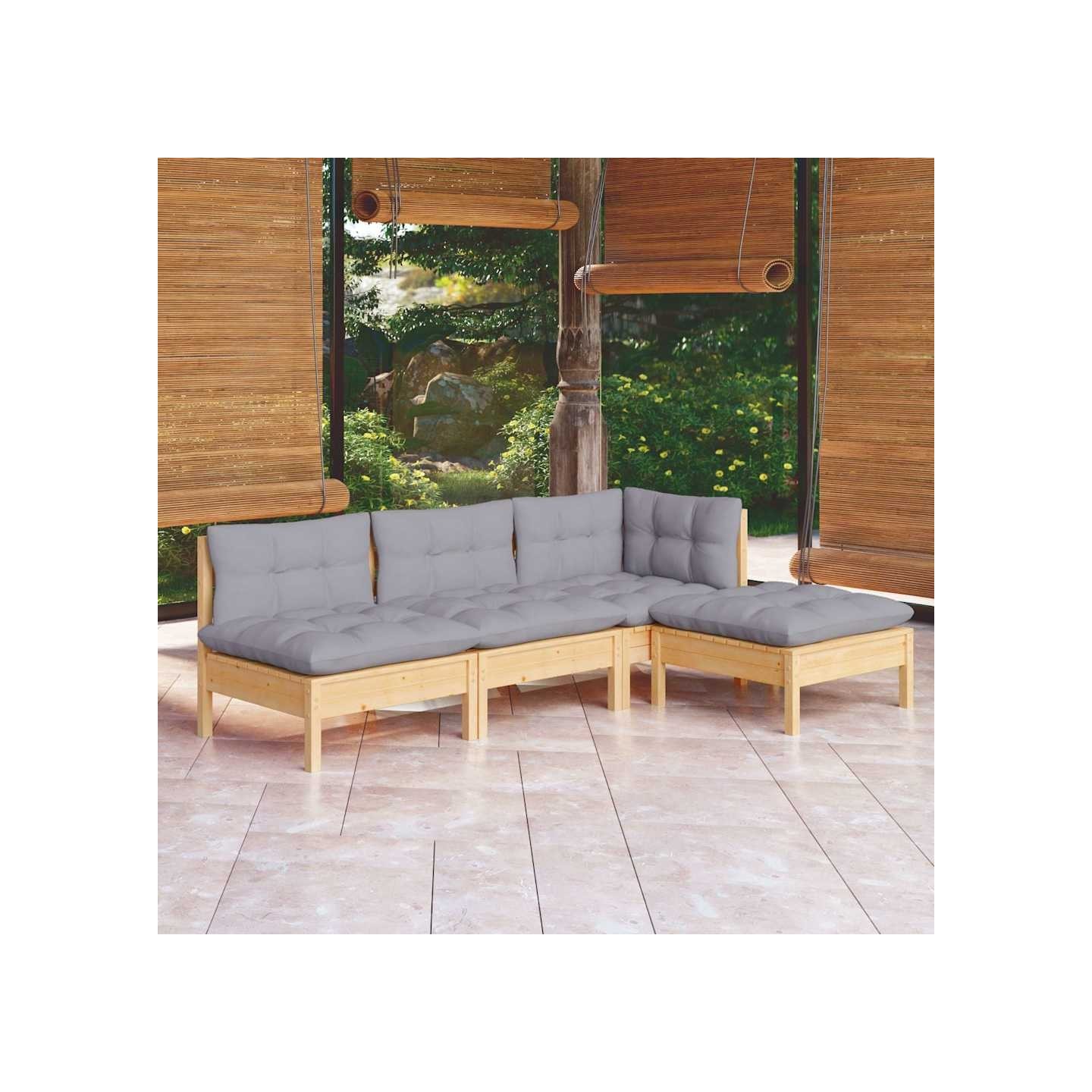 Salon de jardin 4 pcs avec coussins gris Bois de pin