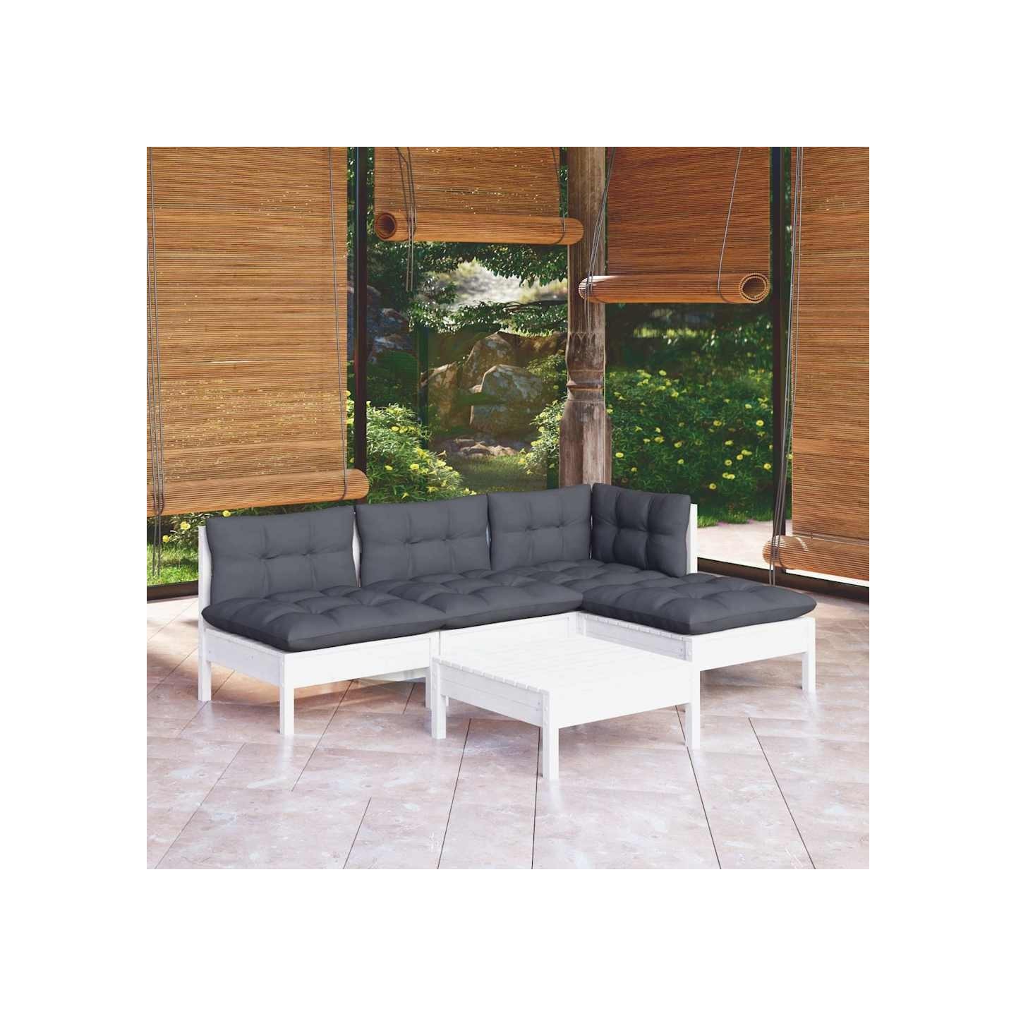 Salon de jardin 5 pcs avec coussins blanc bois de pin