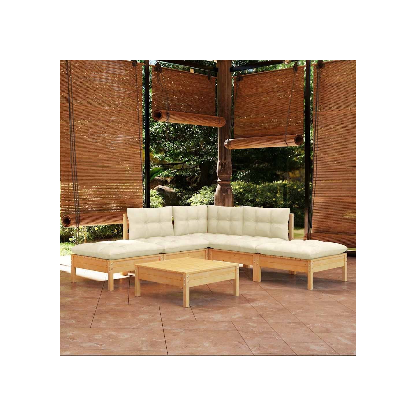 Salon de jardin 6 pcs avec coussins crème bois de pin