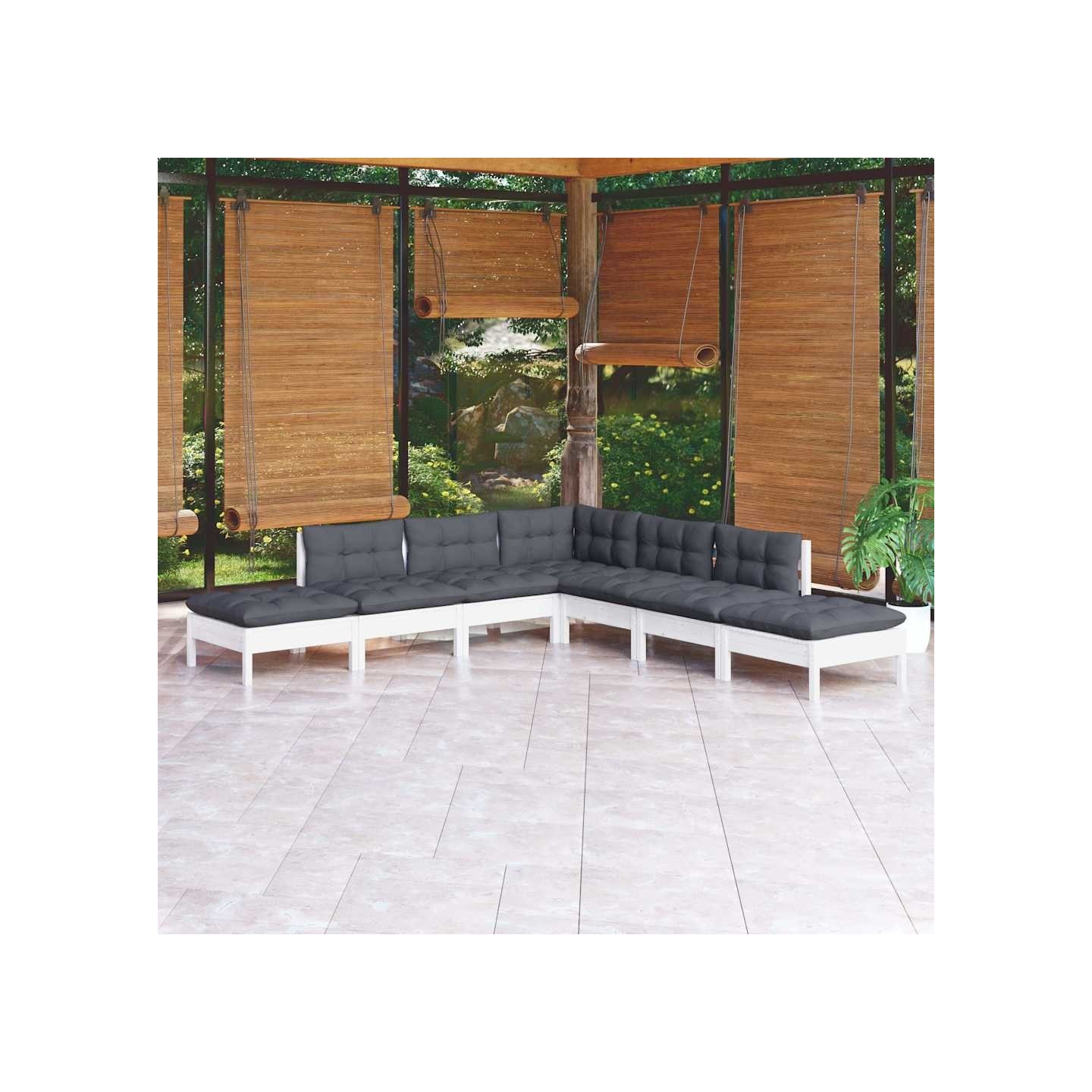 Salon de jardin 7 pcs avec coussins blanc bois de pin