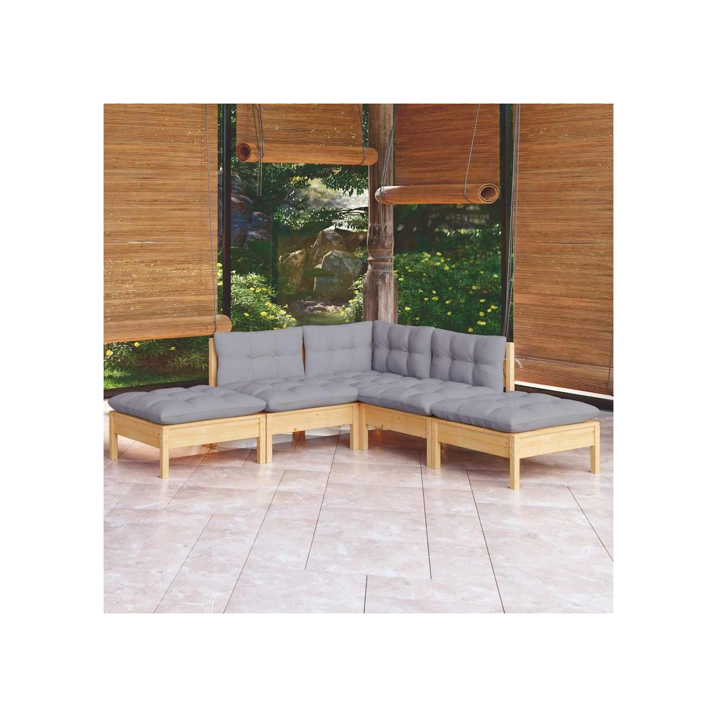 Salon de jardin 5 pcs avec coussins gris bois de pin