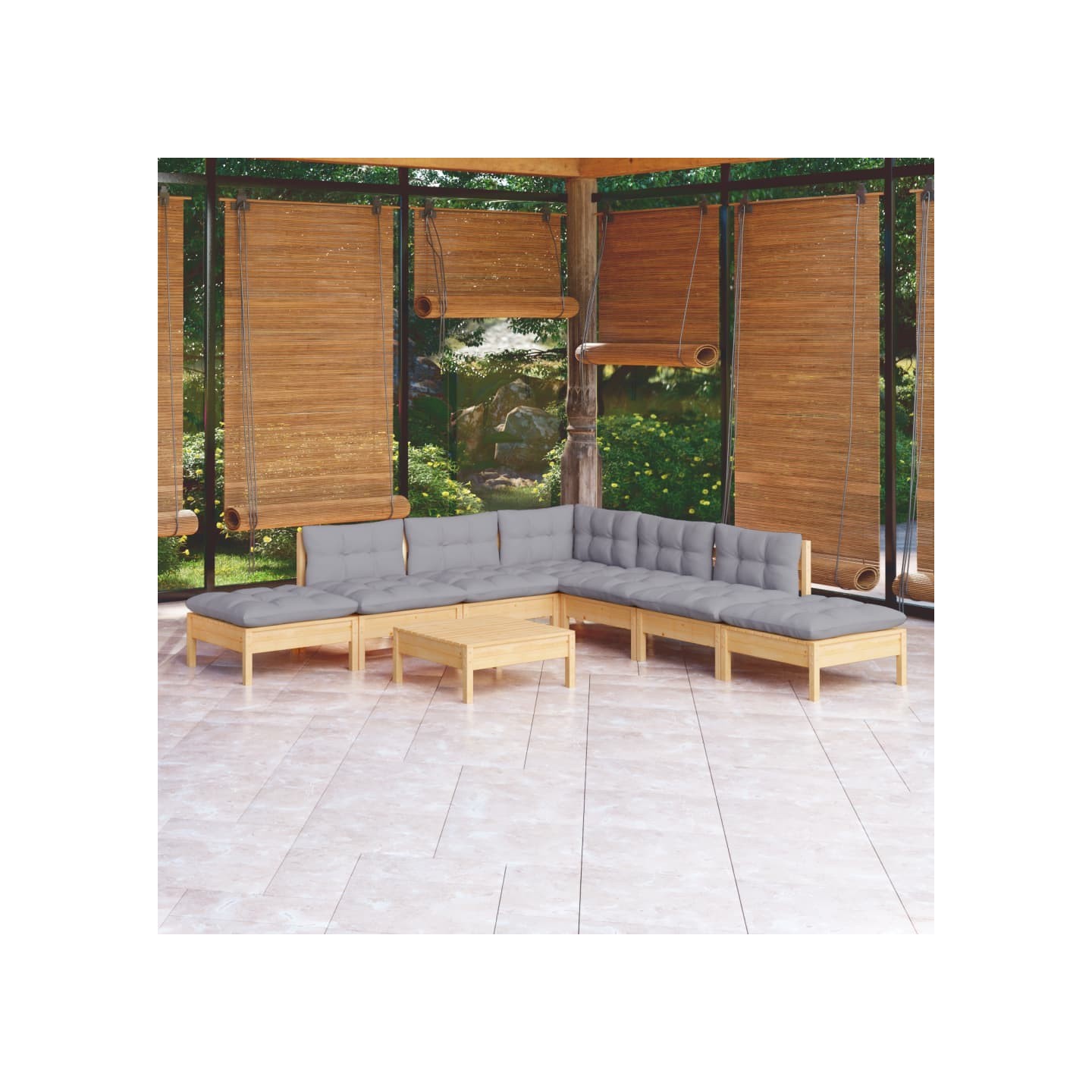 Salon de jardin 8 pcs avec coussins gris Bois de pin