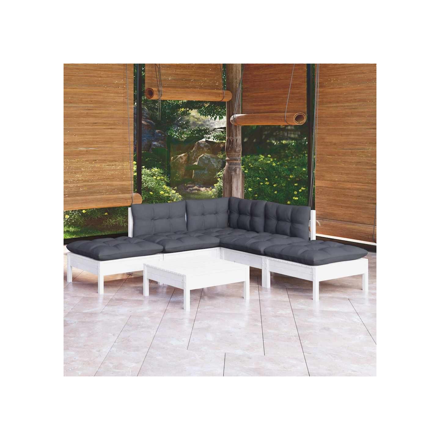 Salon de jardin 6 pcs avec coussins blanc bois de pin