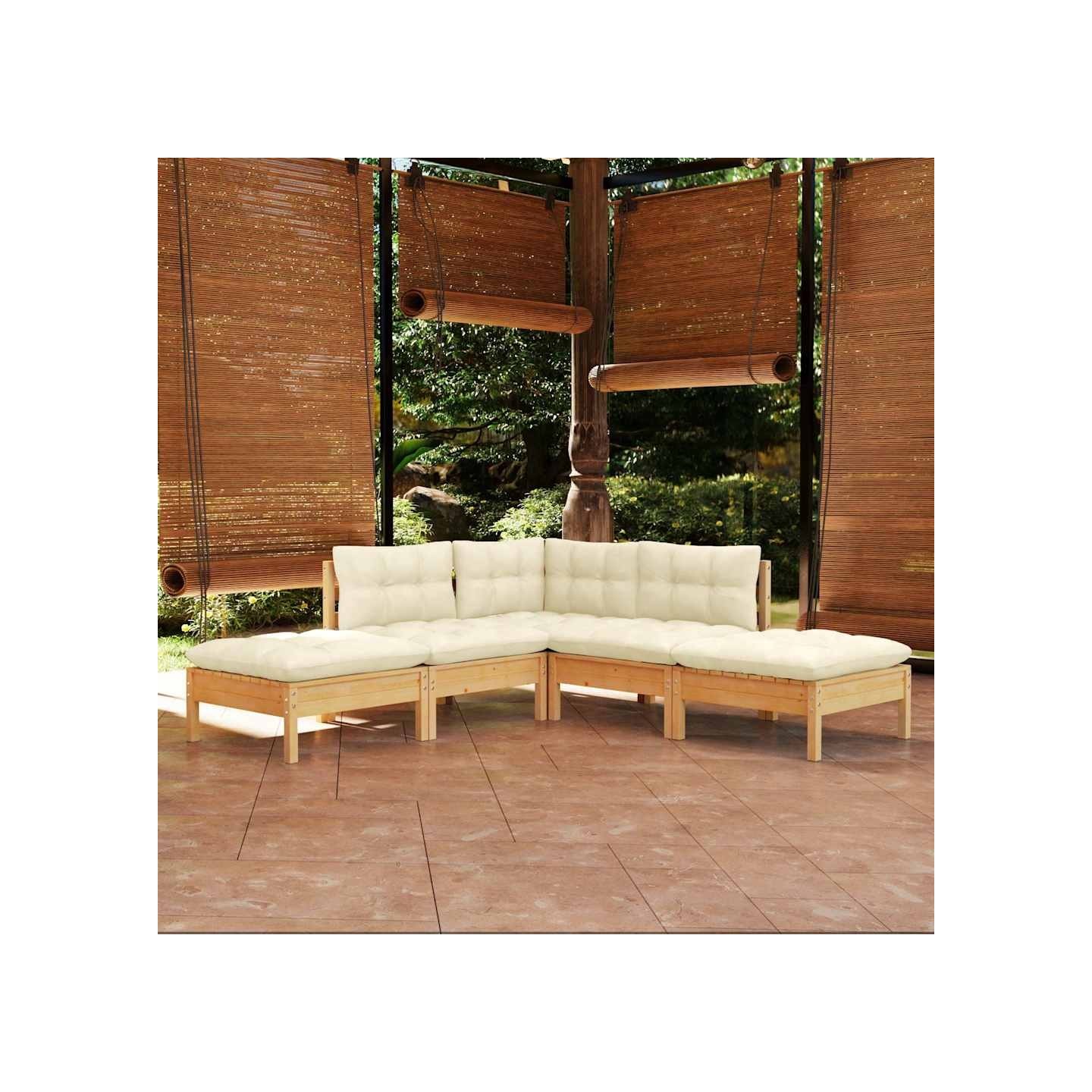 Salon de jardin 5 pcs avec coussins crème bois de pin