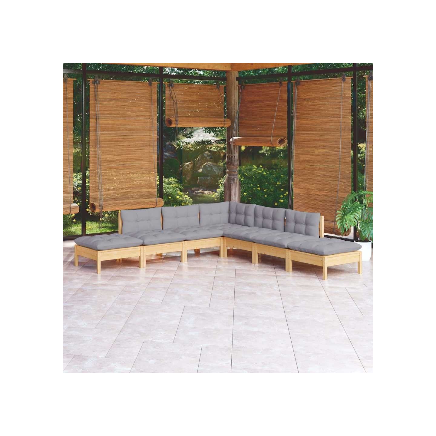 Salon de jardin 7 pcs avec coussins gris bois de pin