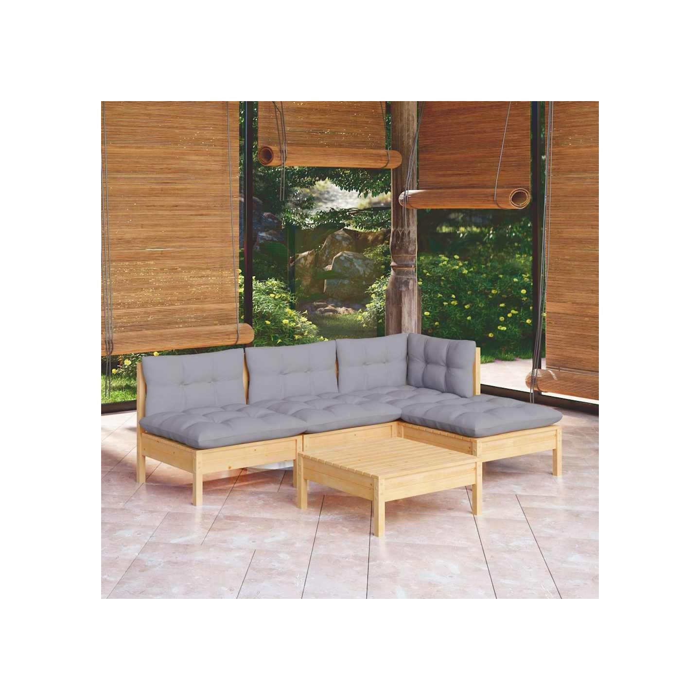 Salon de jardin 5 pcs avec coussins gris bois de pin
