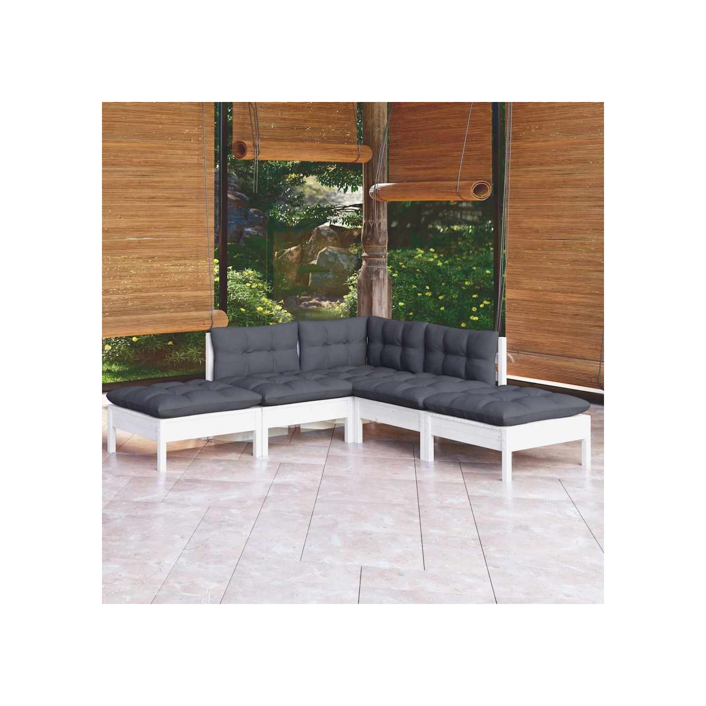 Salon de jardin 5 pcs avec coussins blanc bois de pin