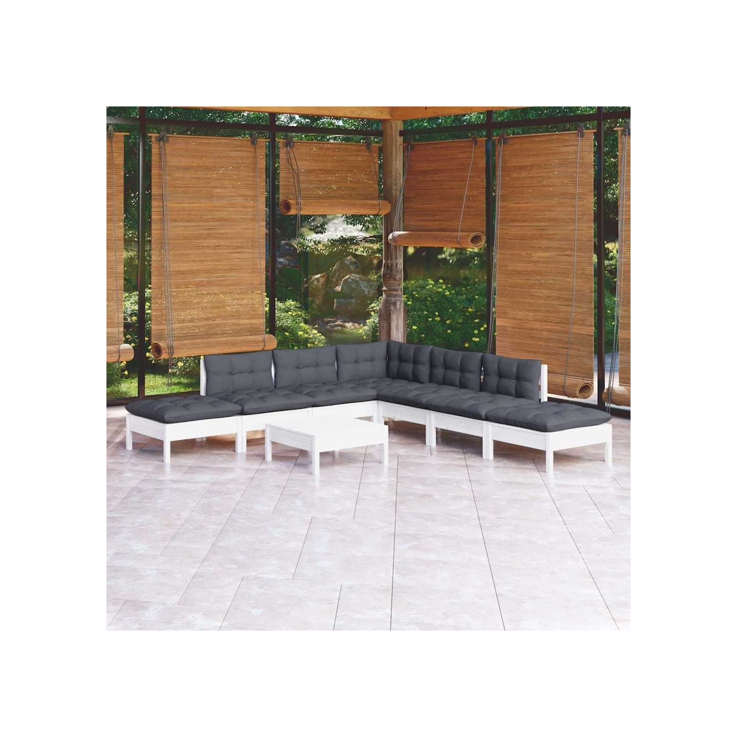 Salon de jardin 8 pcs avec coussins blanc bois de pin