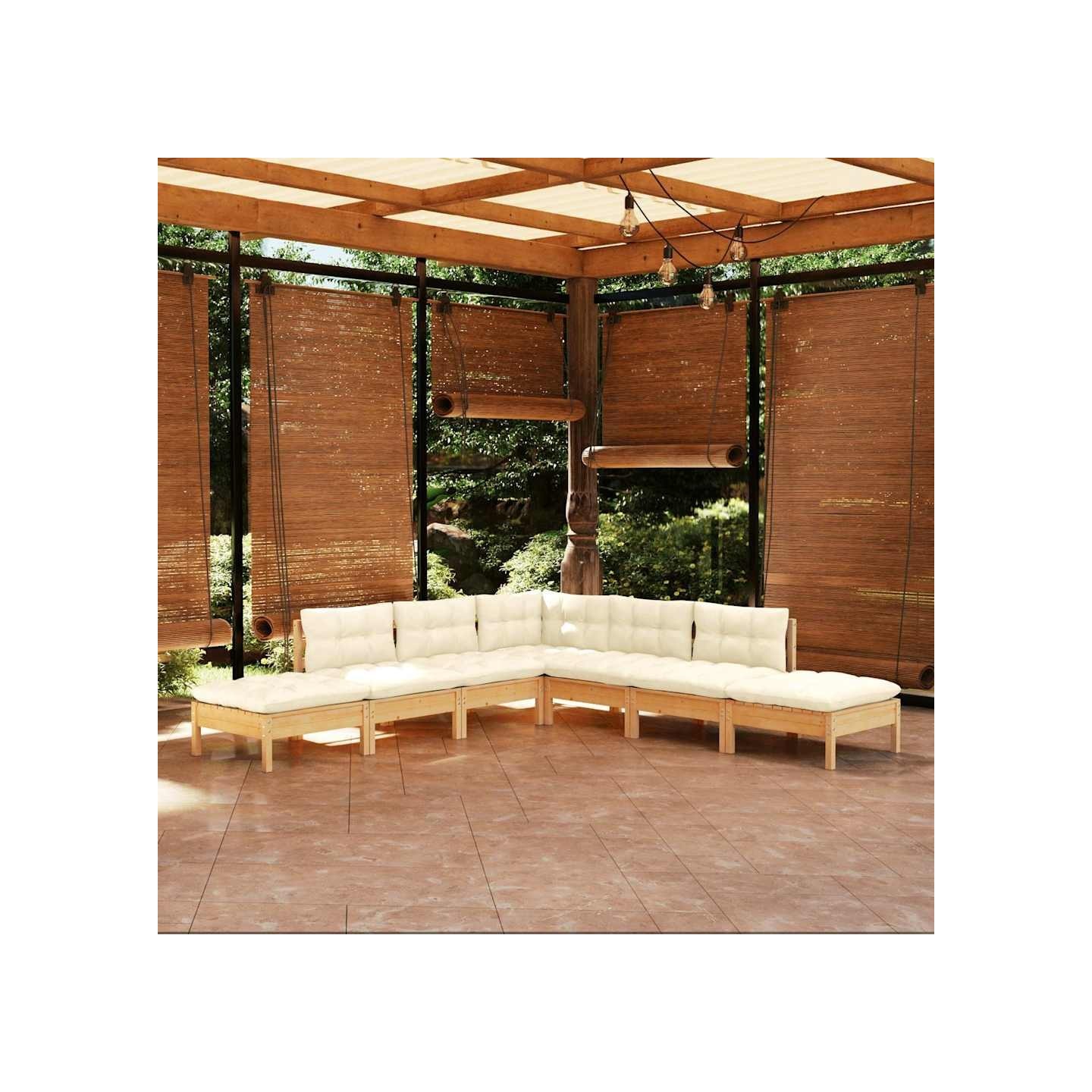 Salon de jardin 7 pcs avec coussins crème bois de pin