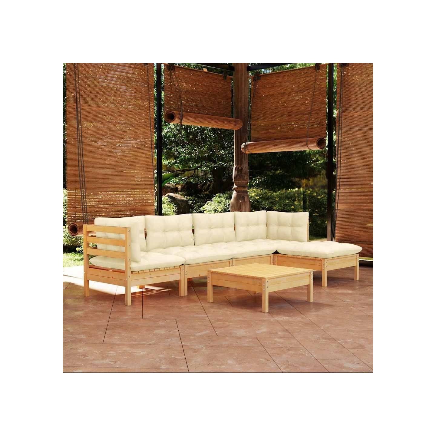 Salon de jardin 6 pcs avec coussins crème bois de pin