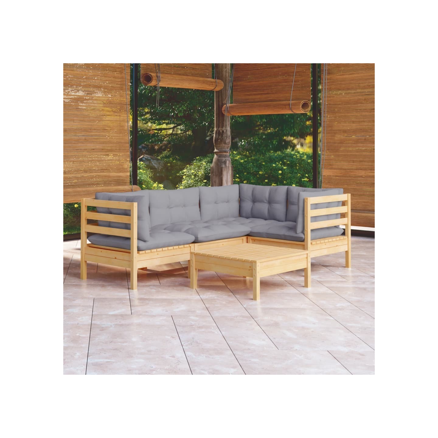 Salon de jardin 5 pcs avec coussins gris bois de pin