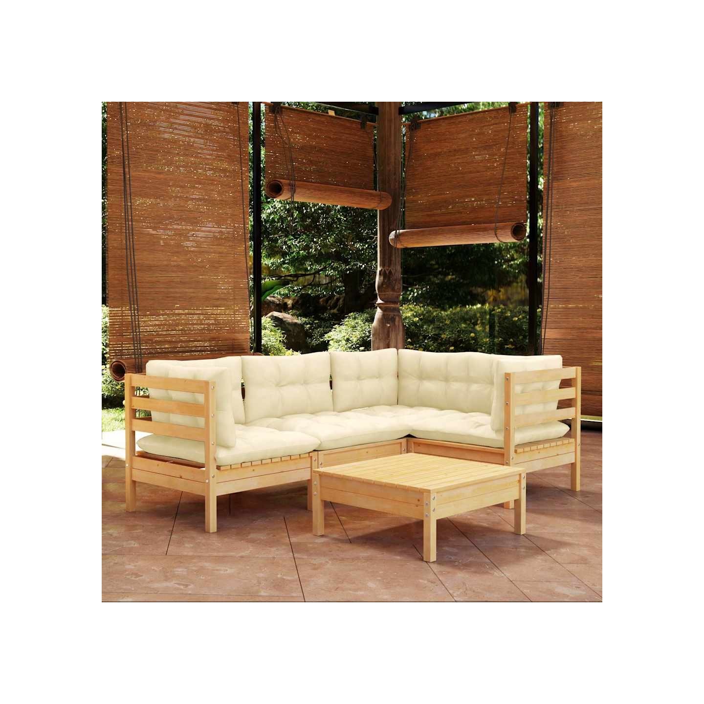Salon de jardin 5 pcs avec coussins crème bois de pin
