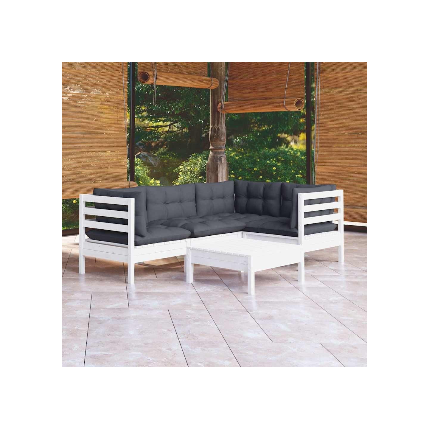 Salon de jardin 5 pcs avec coussins blanc bois de pin