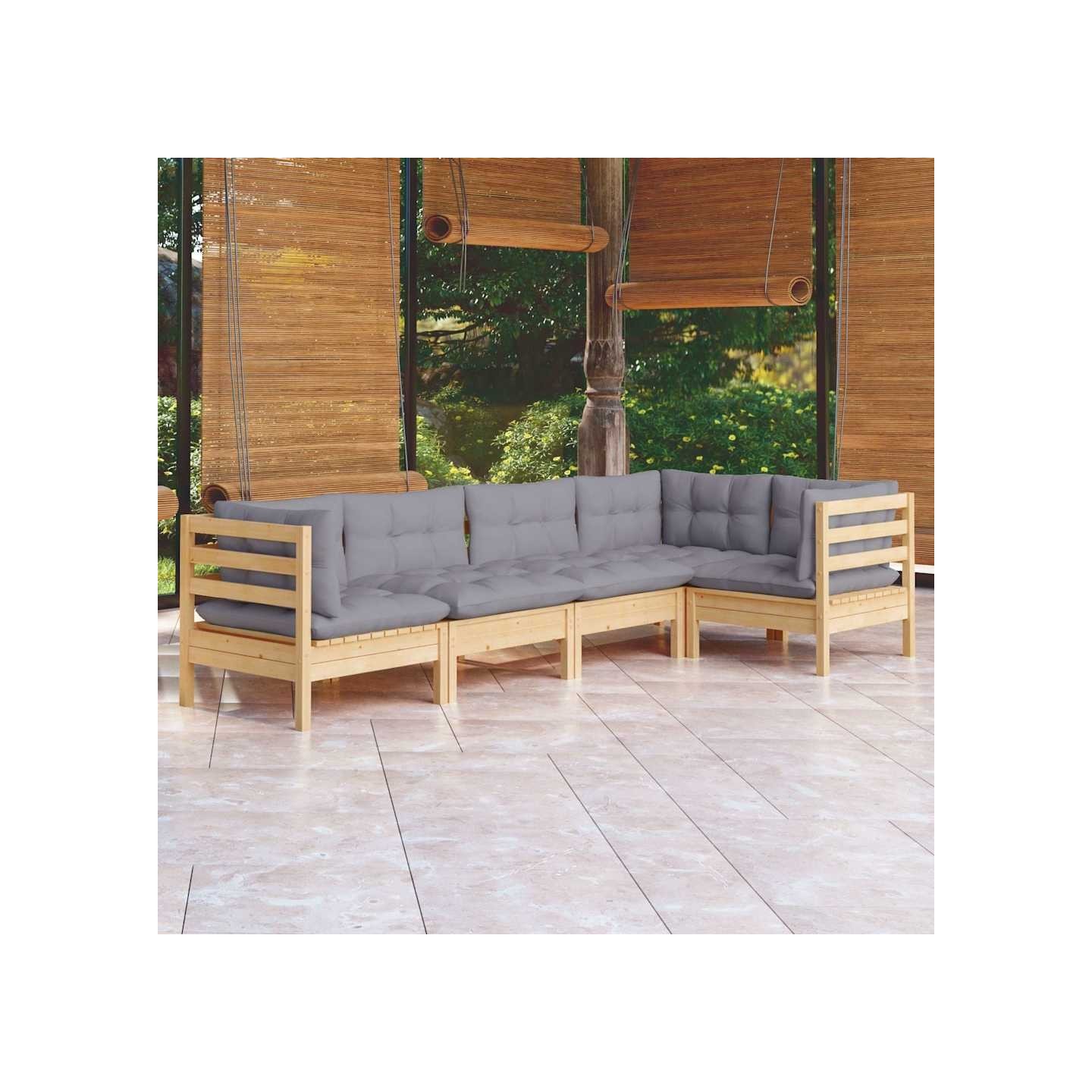 Salon de jardin 5 pcs avec coussins gris bois de pin