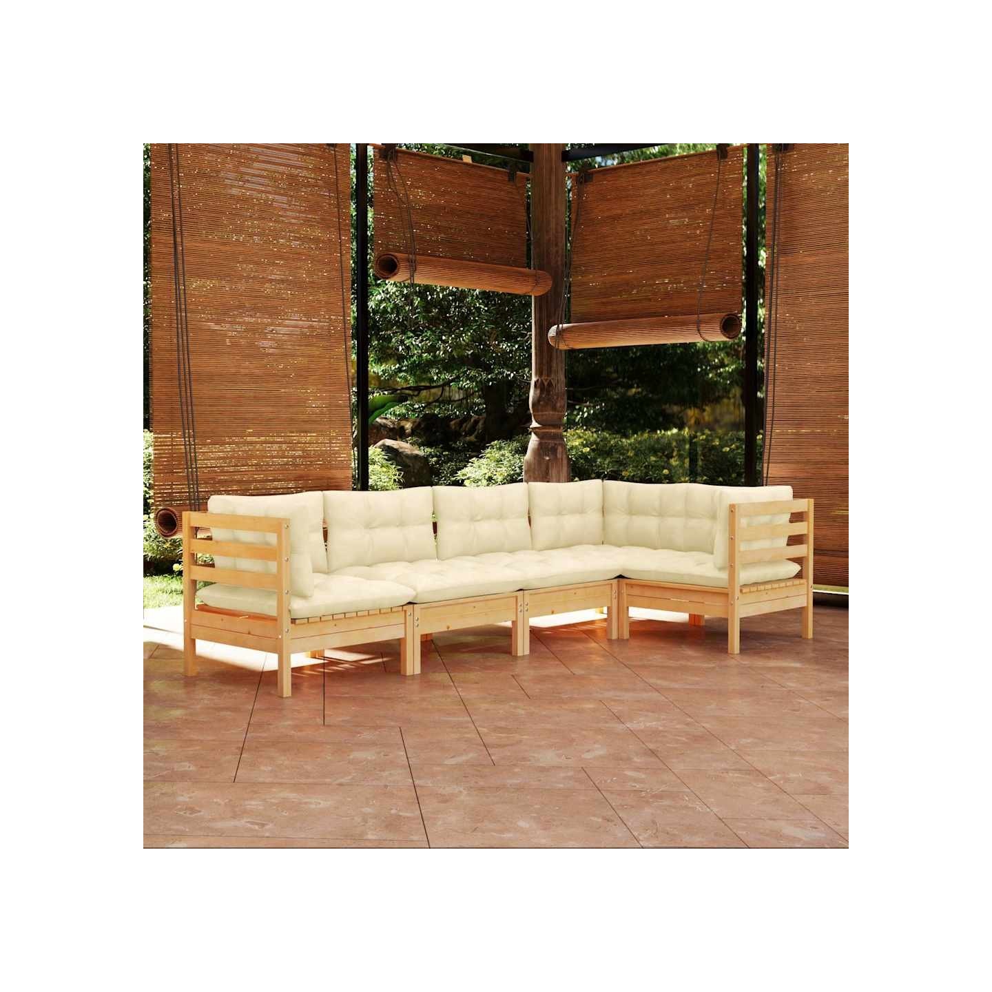 Salon de jardin 5 pcs avec coussins crème bois de pin