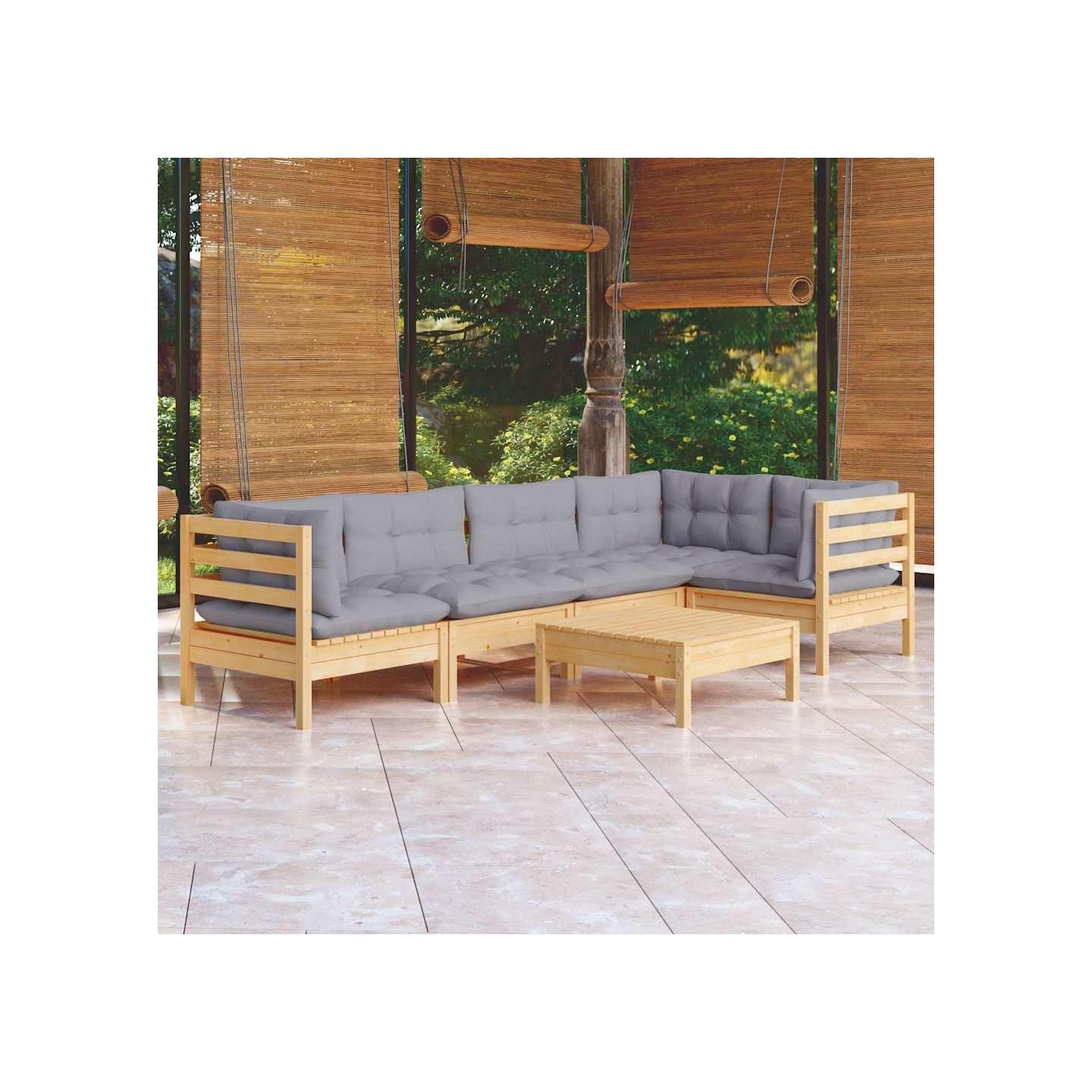 Salon de jardin 6 pcs avec coussins gris bois de pin