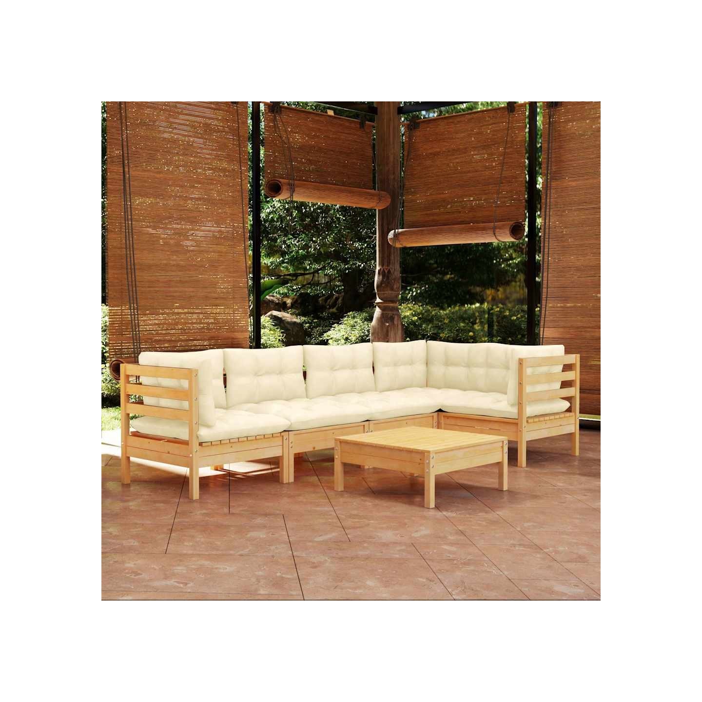 Salon de jardin 6 pcs avec coussins crème bois de pin