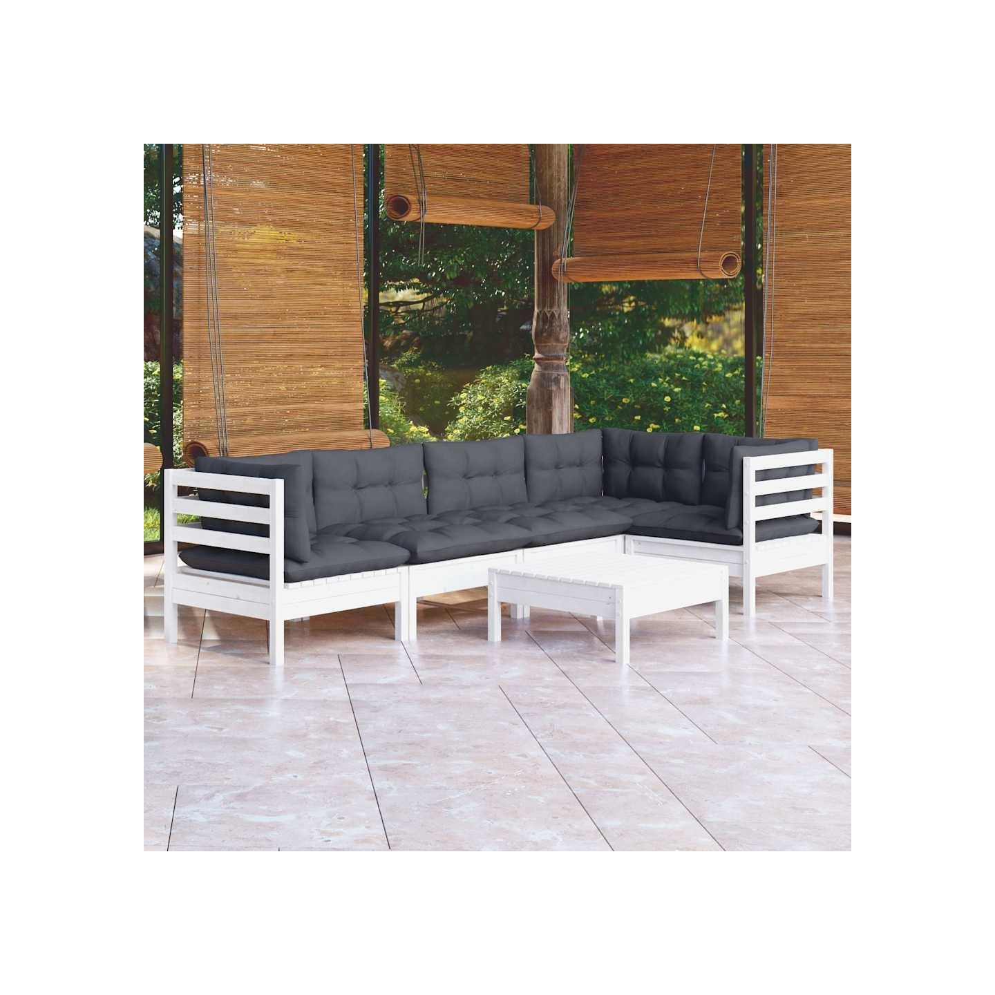Salon de jardin 6 pcs avec coussins blanc bois de pin