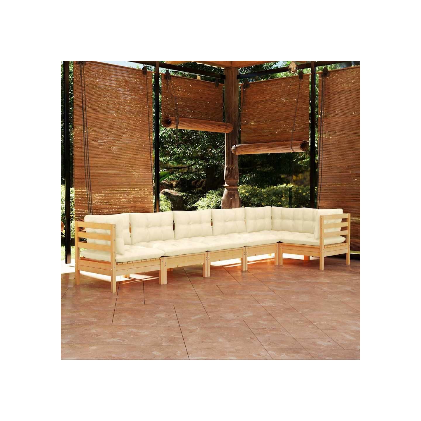 Salon de jardin 6 pcs avec coussins crème bois de pin