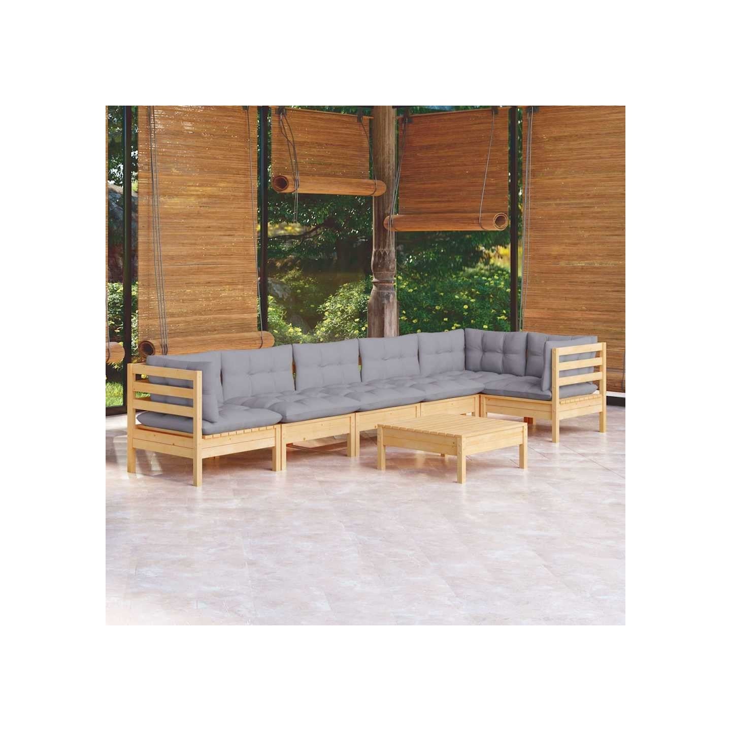 Salon de jardin 7 pcs avec coussins gris bois de pin