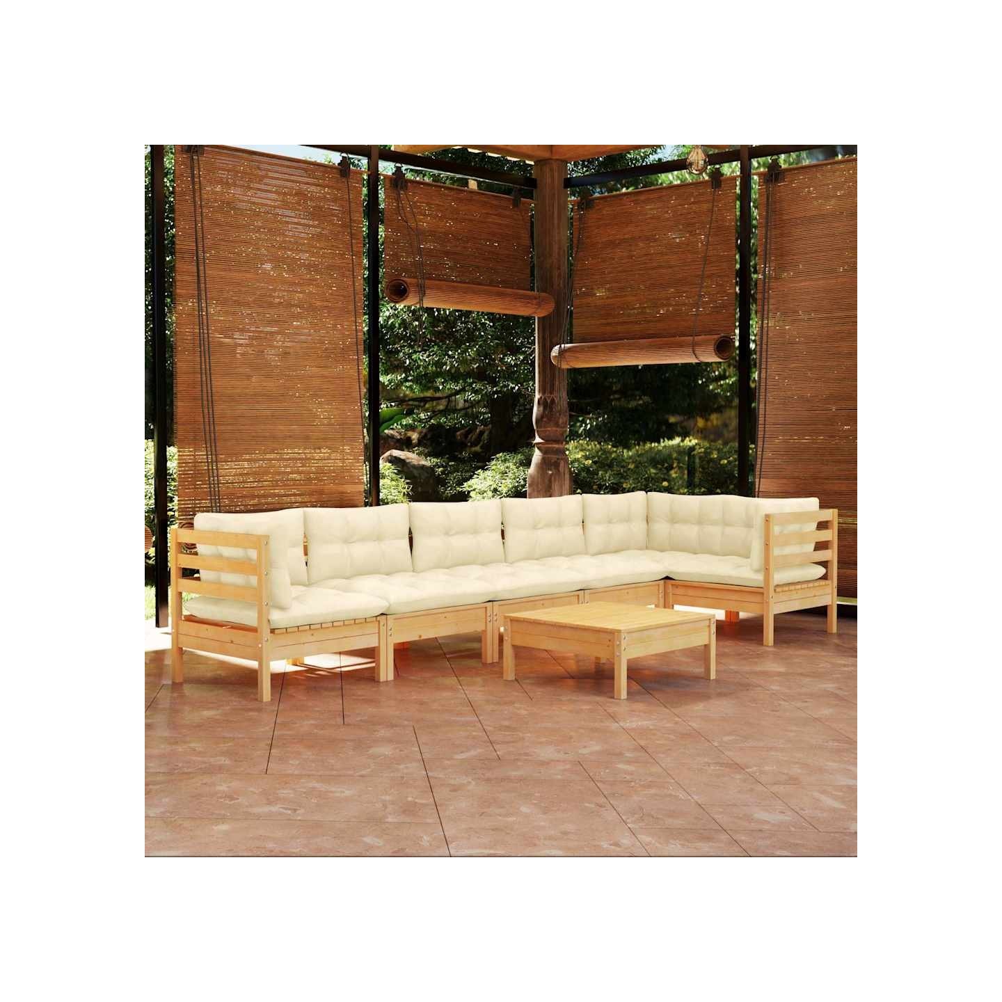 Salon de jardin 7 pcs avec coussins crème bois de pin