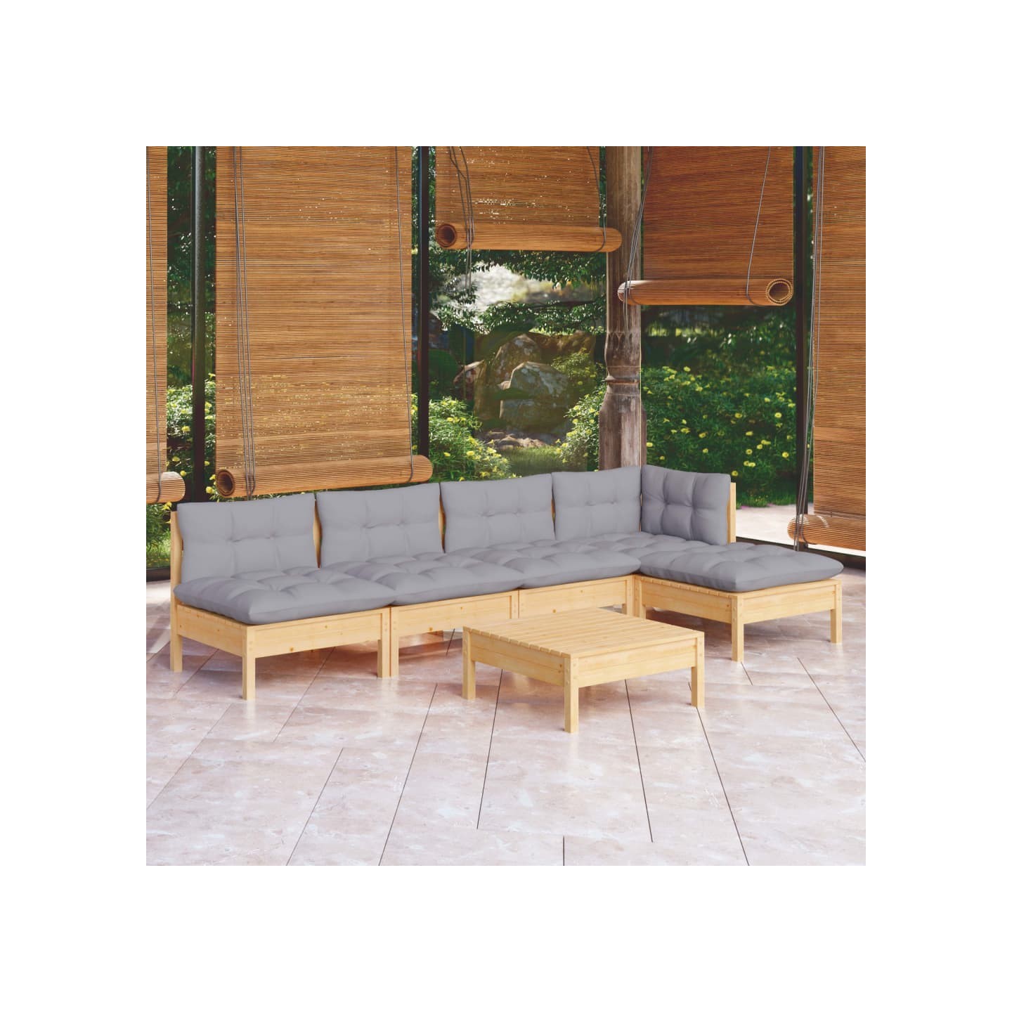 Salon de jardin 6 pcs avec coussins gris bois de pin