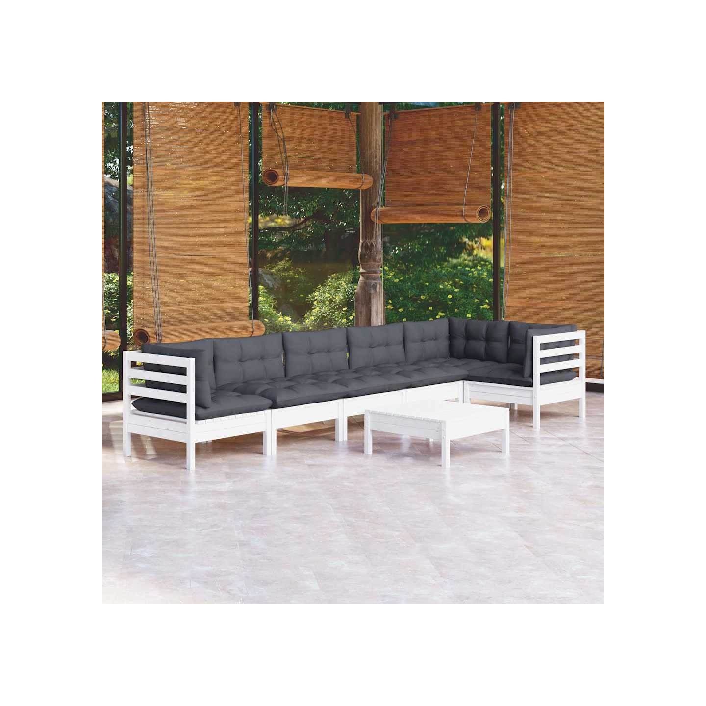 Salon de jardin 7 pcs avec coussins blanc bois de pin